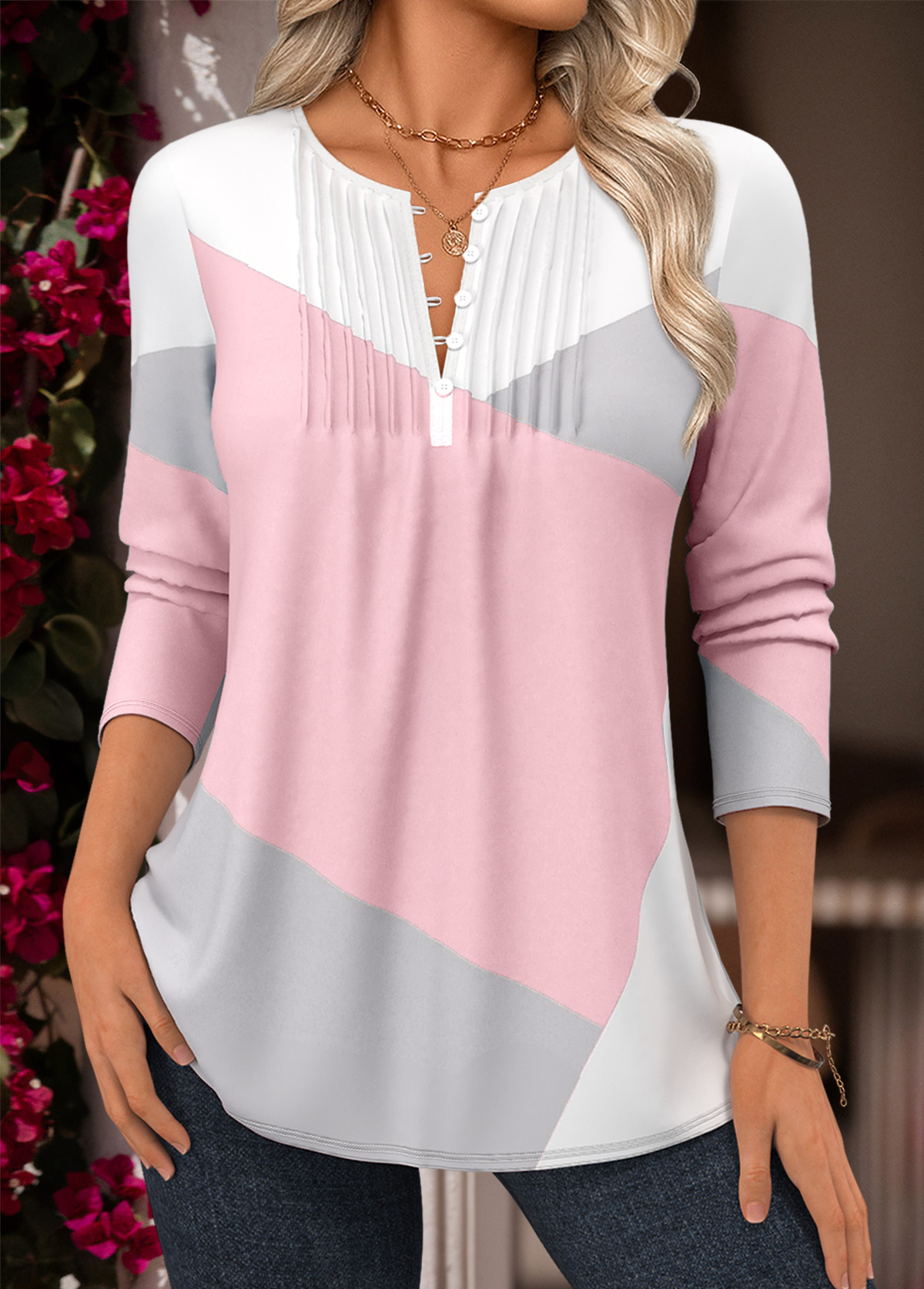 Blue Tuck Stitch Geometric Print Long Sleeve Blouse | picture 