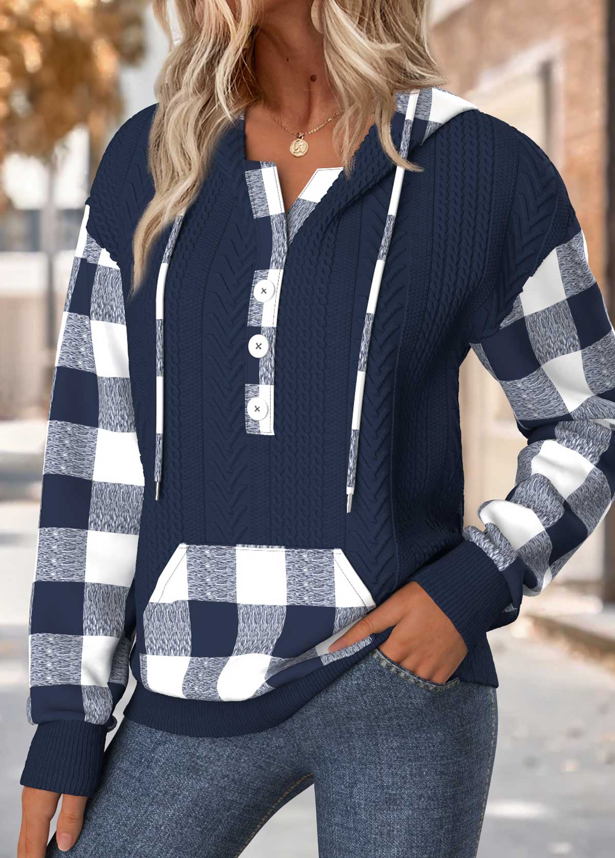 Navy Tummy Coverage Plaid Long Sleeve Hoodie | picture 