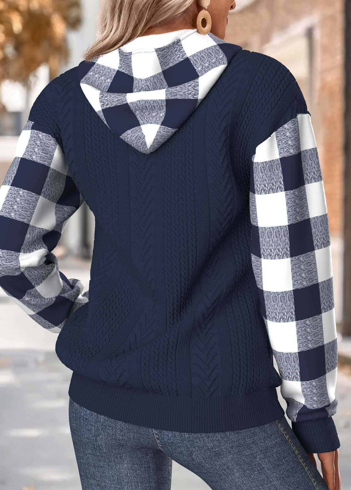 Navy Tummy Coverage Plaid Long Sleeve Hoodie | picture 