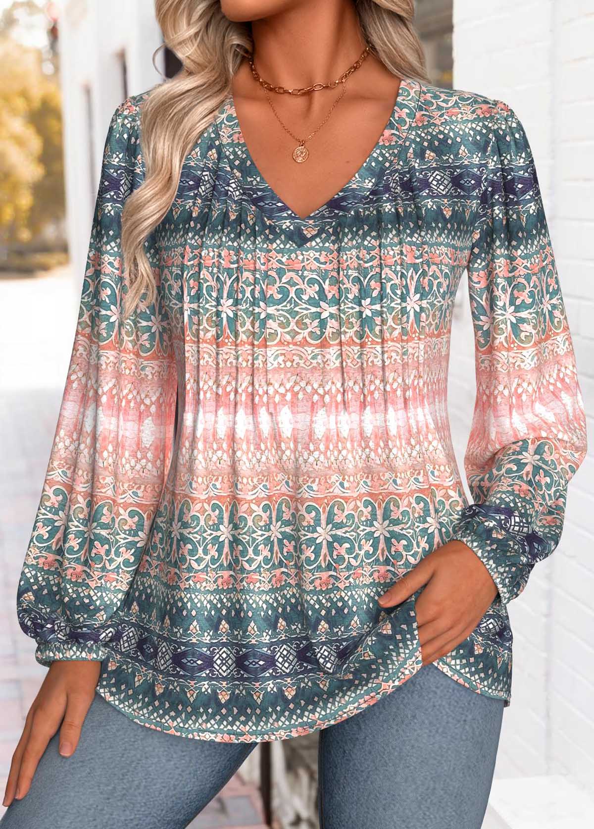 Multi Color Tummy Coverage Tribal Print Long Sleeve Blouse | picture 