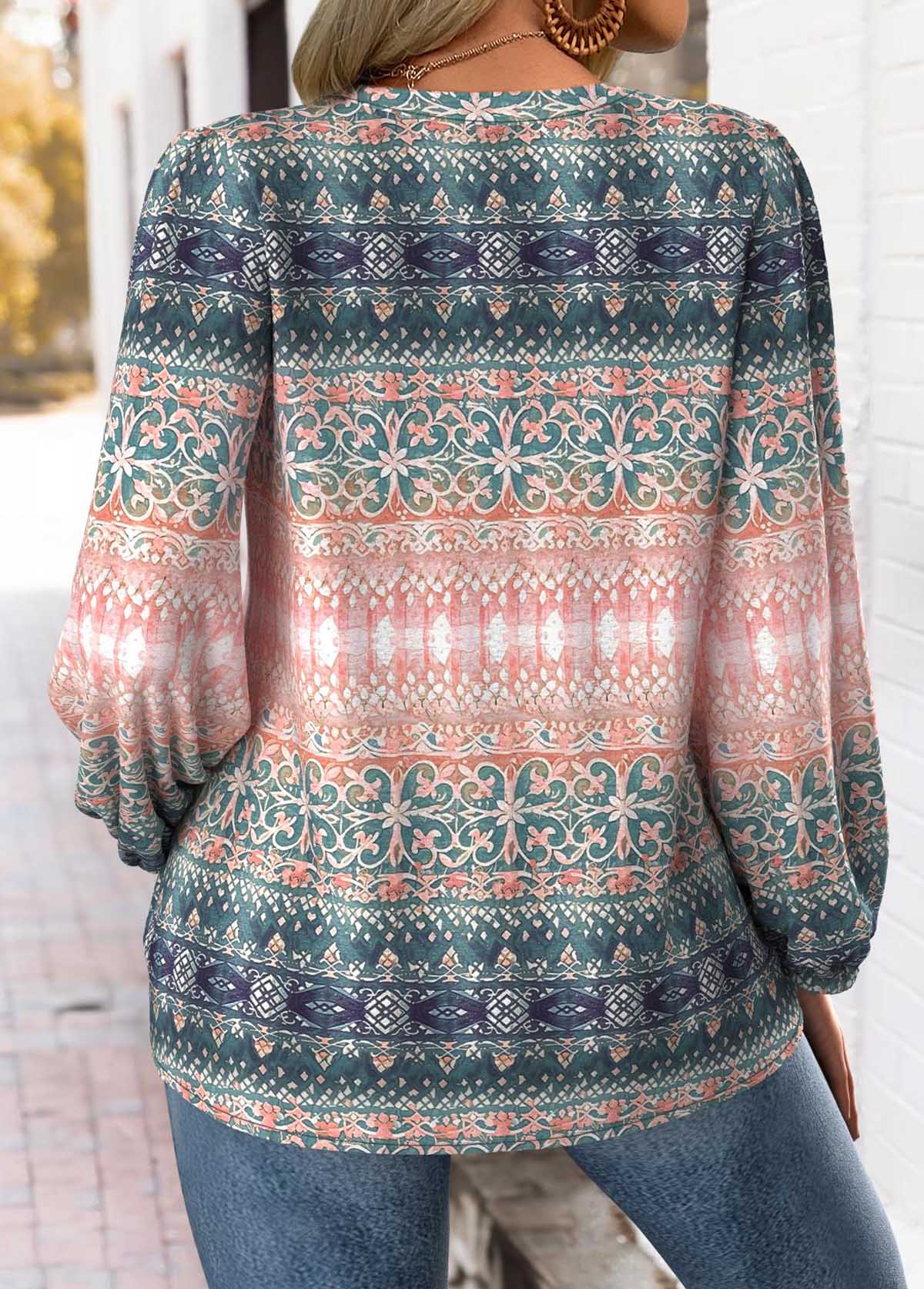 Multi Color Tummy Coverage Tribal Print Long Sleeve Blouse | picture 