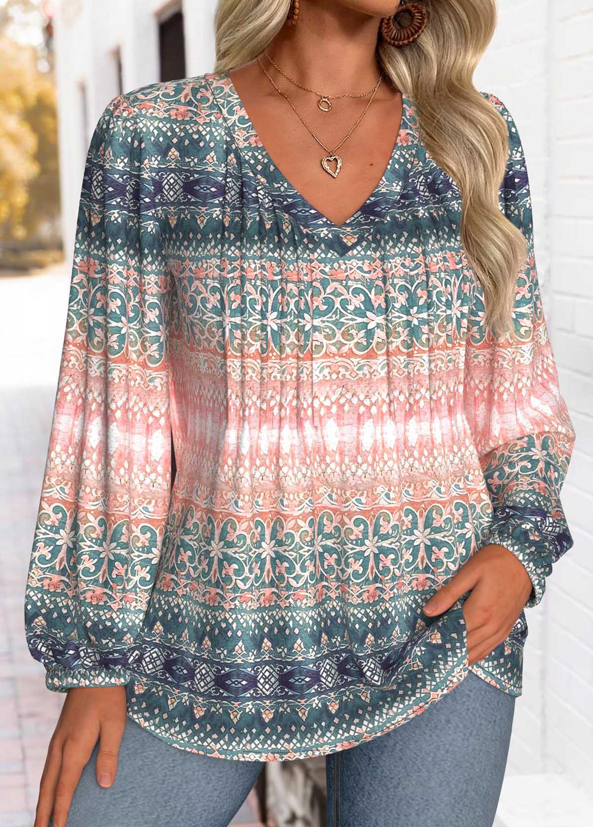Multi Color Tummy Coverage Tribal Print Long Sleeve Blouse | picture 