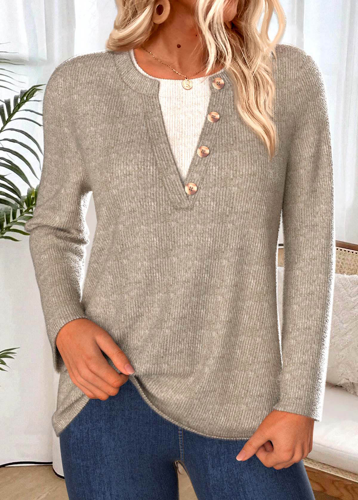 Gray Brown Tummy Coverage Long Sleeve T Shirt | picture 