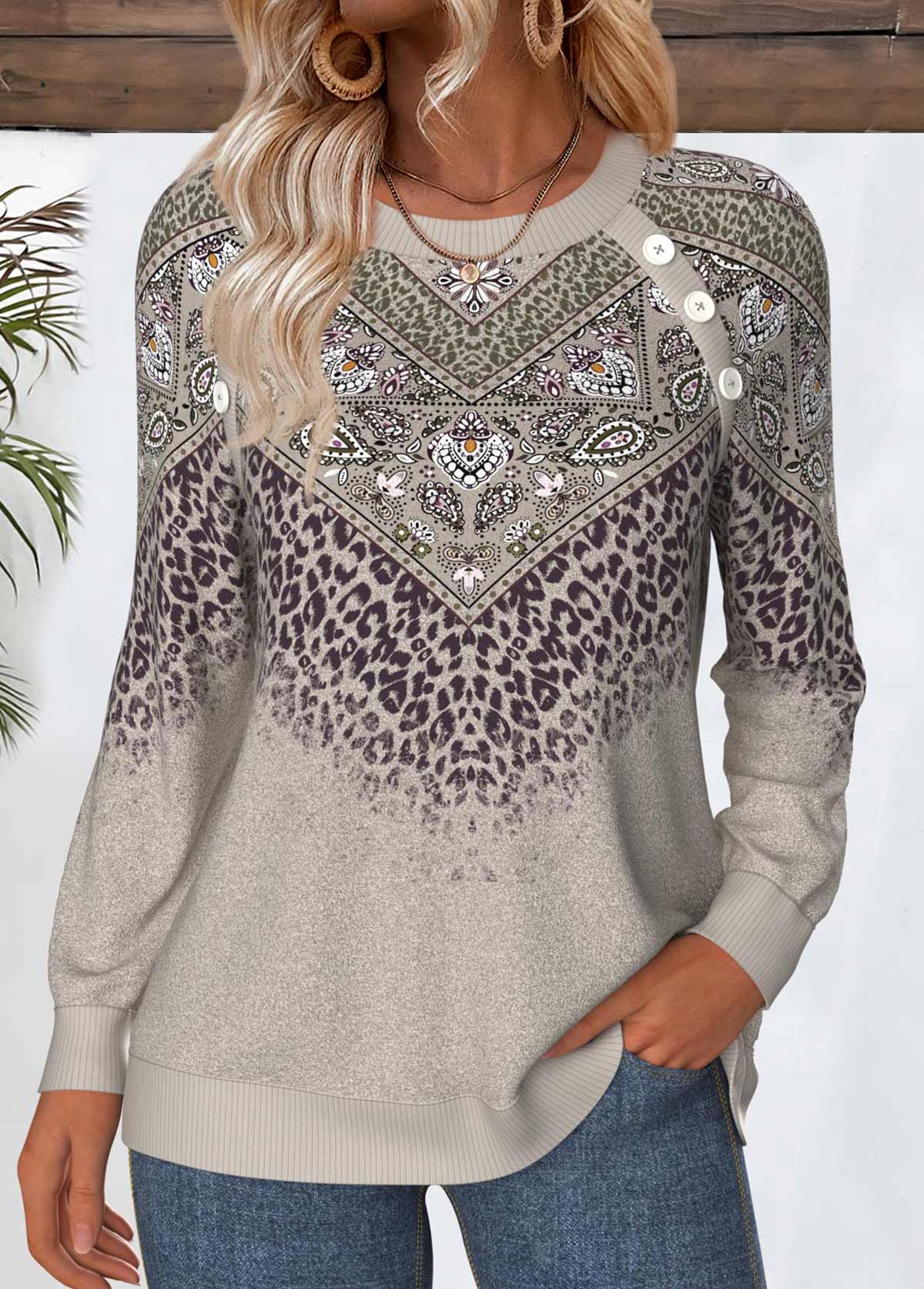 Gray Brown Tummy Coverage Tribal Print Long Sleeve Sweatshirt | picture 