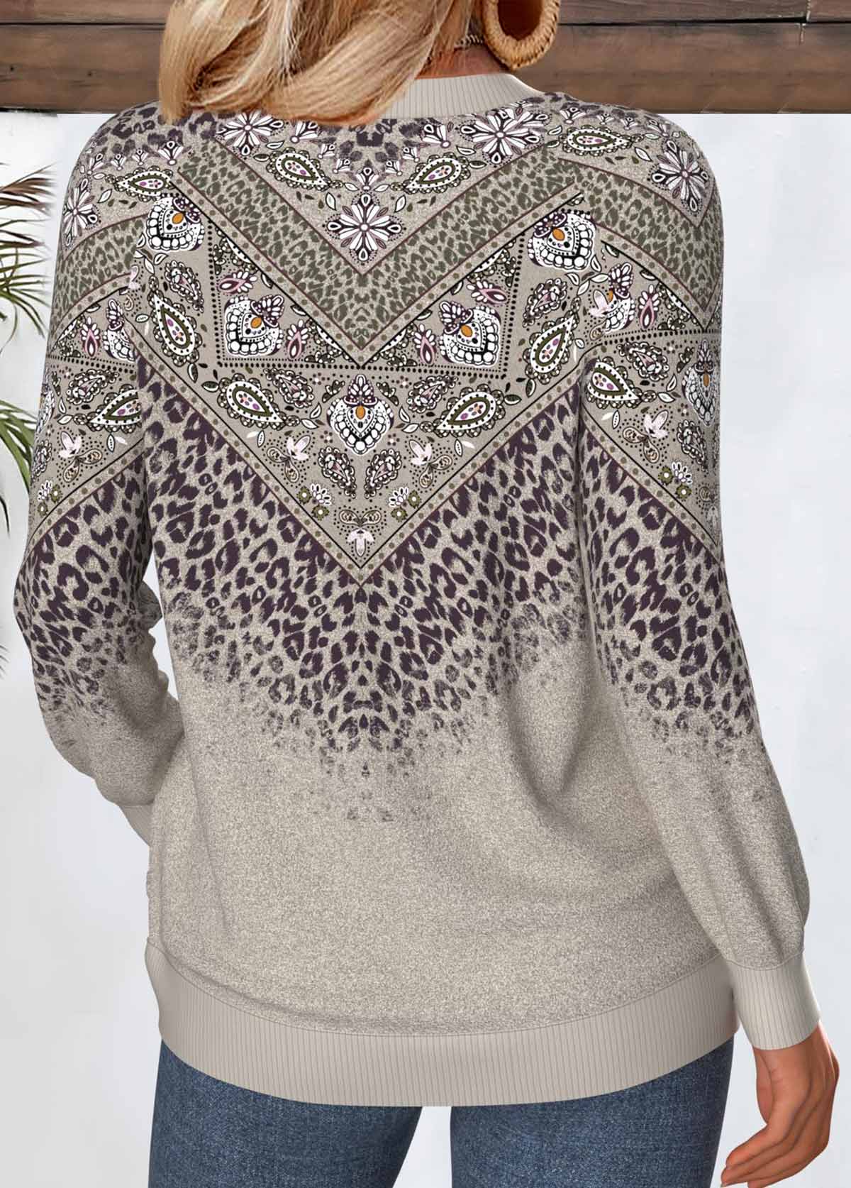 Gray Brown Tummy Coverage Tribal Print Long Sleeve Sweatshirt | picture 