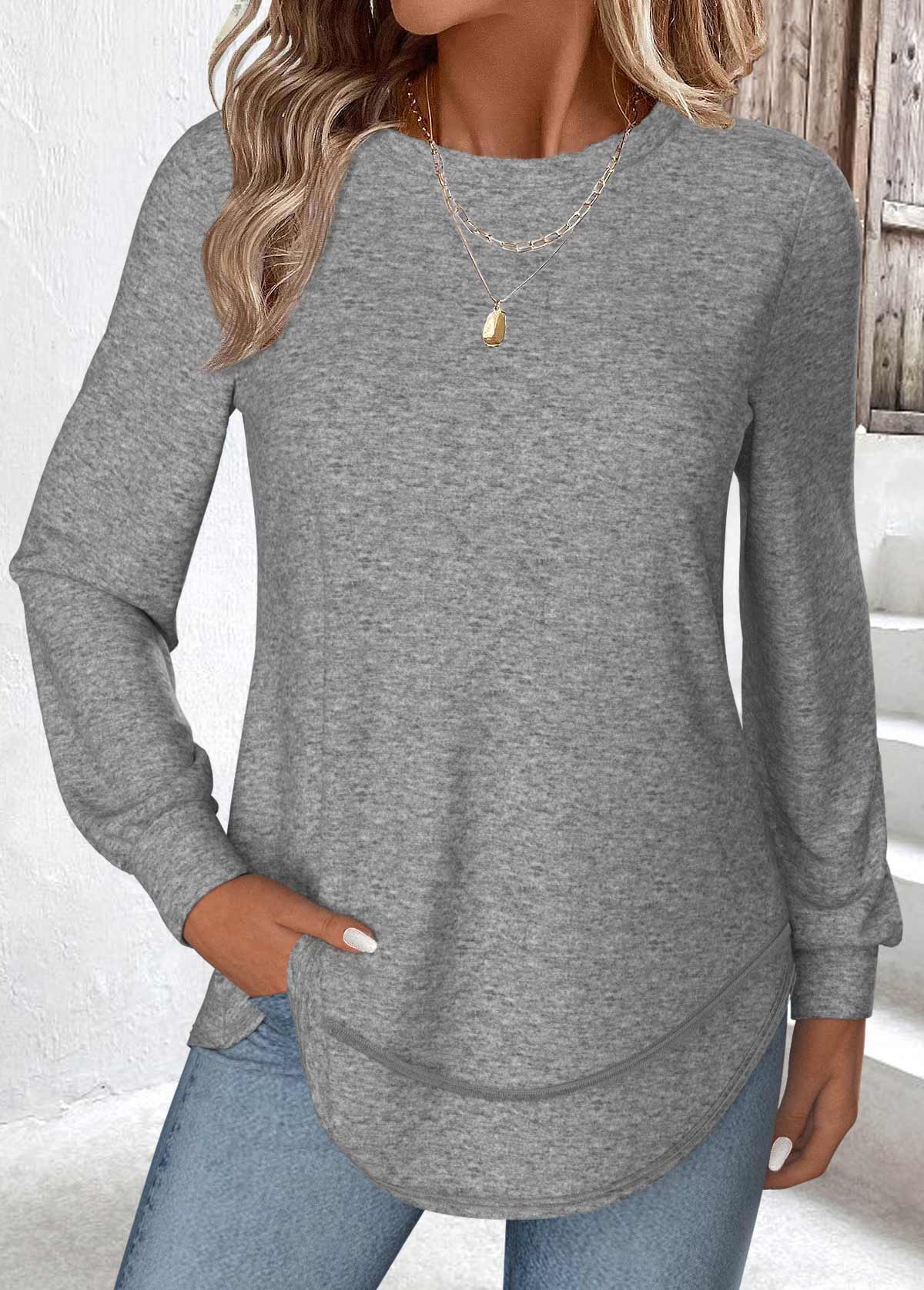 Grey Curved Hem Long Sleeve T Shirt | picture 