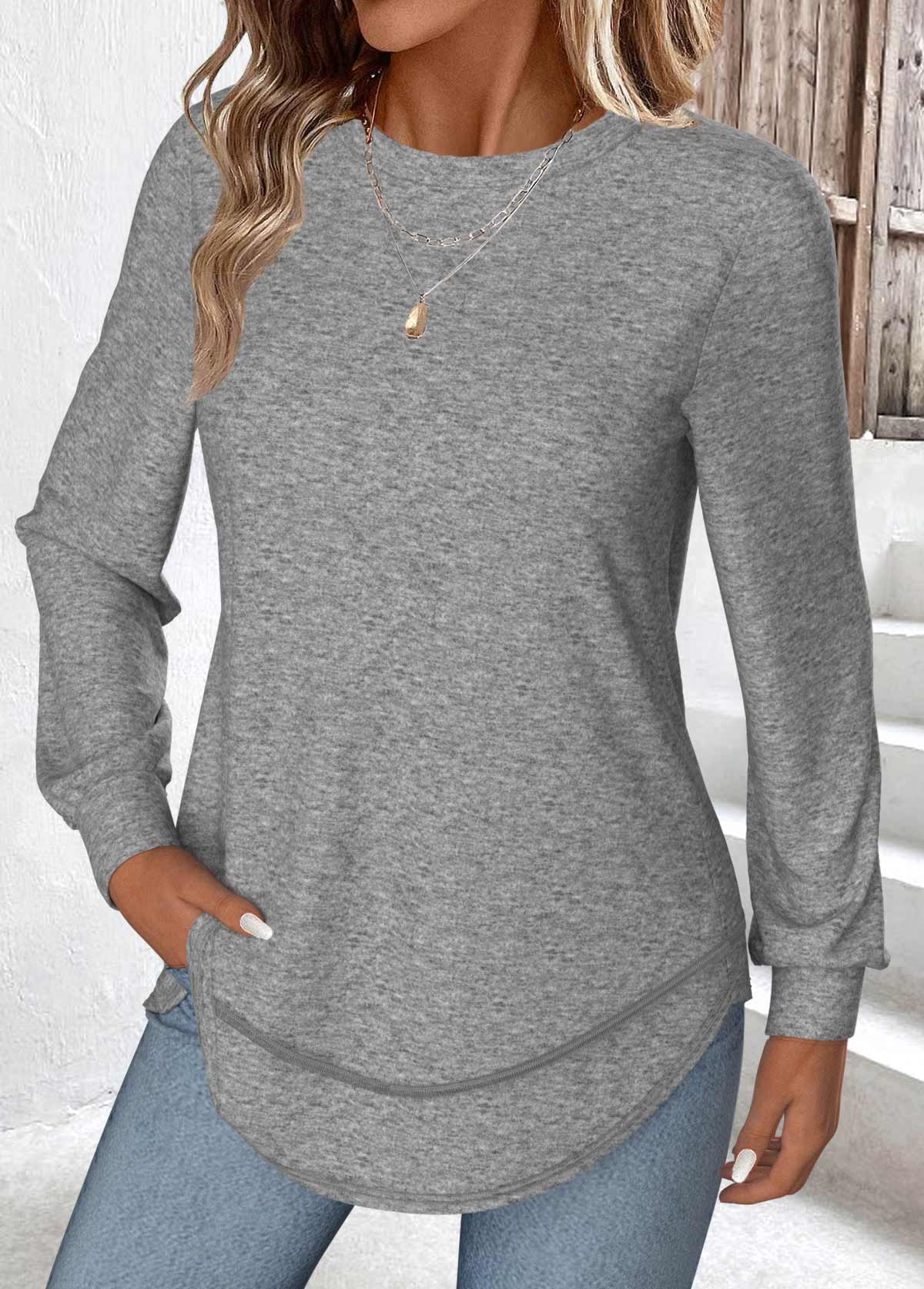 Grey Curved Hem Long Sleeve T Shirt | picture 