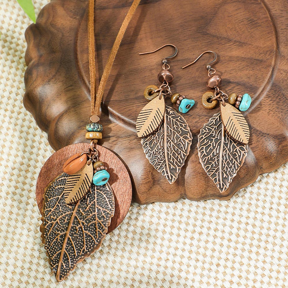 Dark Coffee Leaf Alloy Earrings and Necklace | picture 