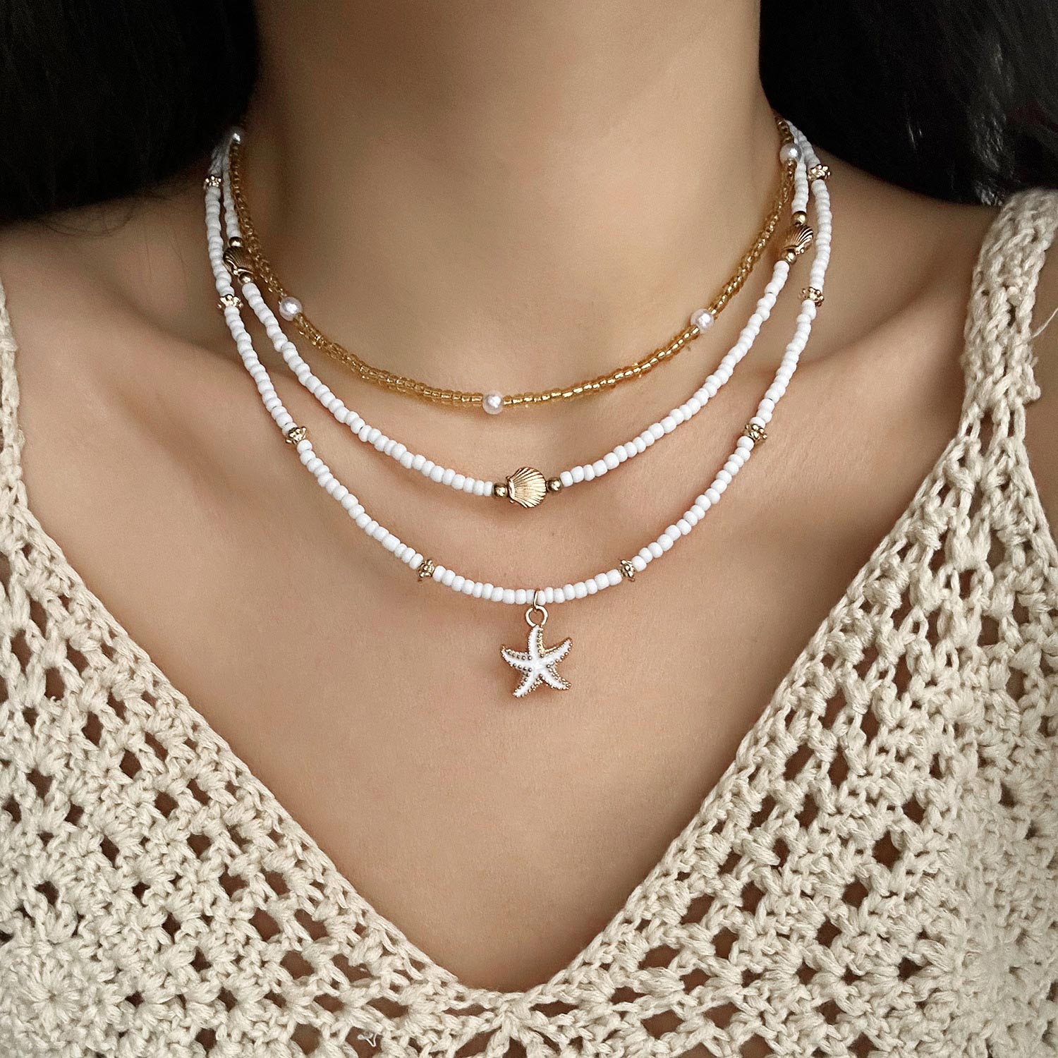 White Shell Starfish Alloy Necklace Set | picture 