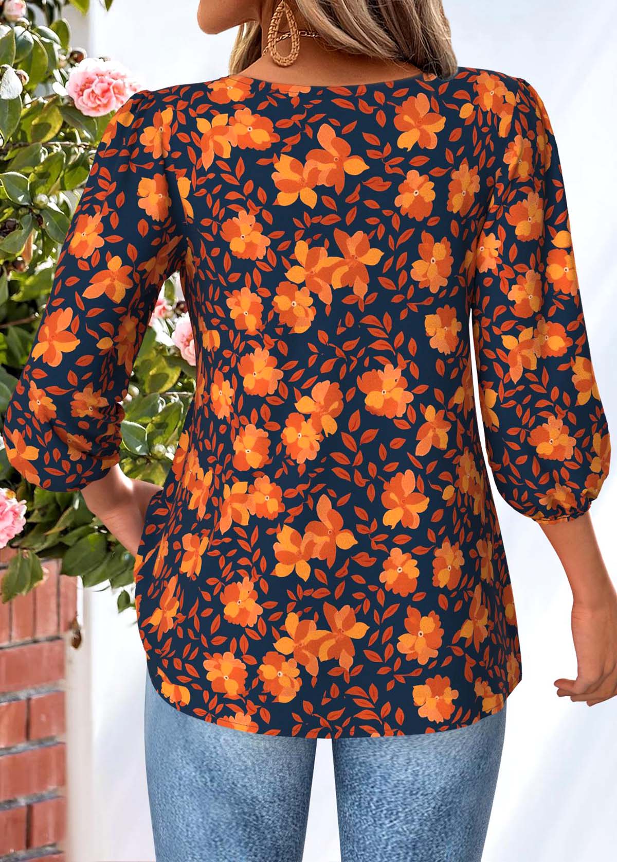 Orange Tummy Coverage Floral Print 3/4 Sleeve Blouse | picture 