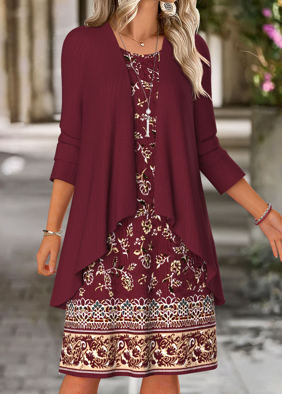Wine Red Tummy Coverage Floral Print Dress and Cardigan | picture 