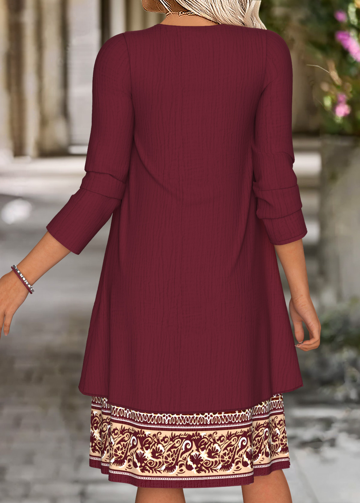 Wine Red Tummy Coverage Floral Print Dress and Cardigan | picture 