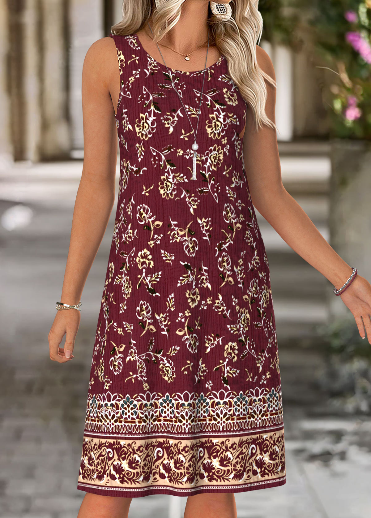 Wine Red Tummy Coverage Floral Print Dress and Cardigan | picture 