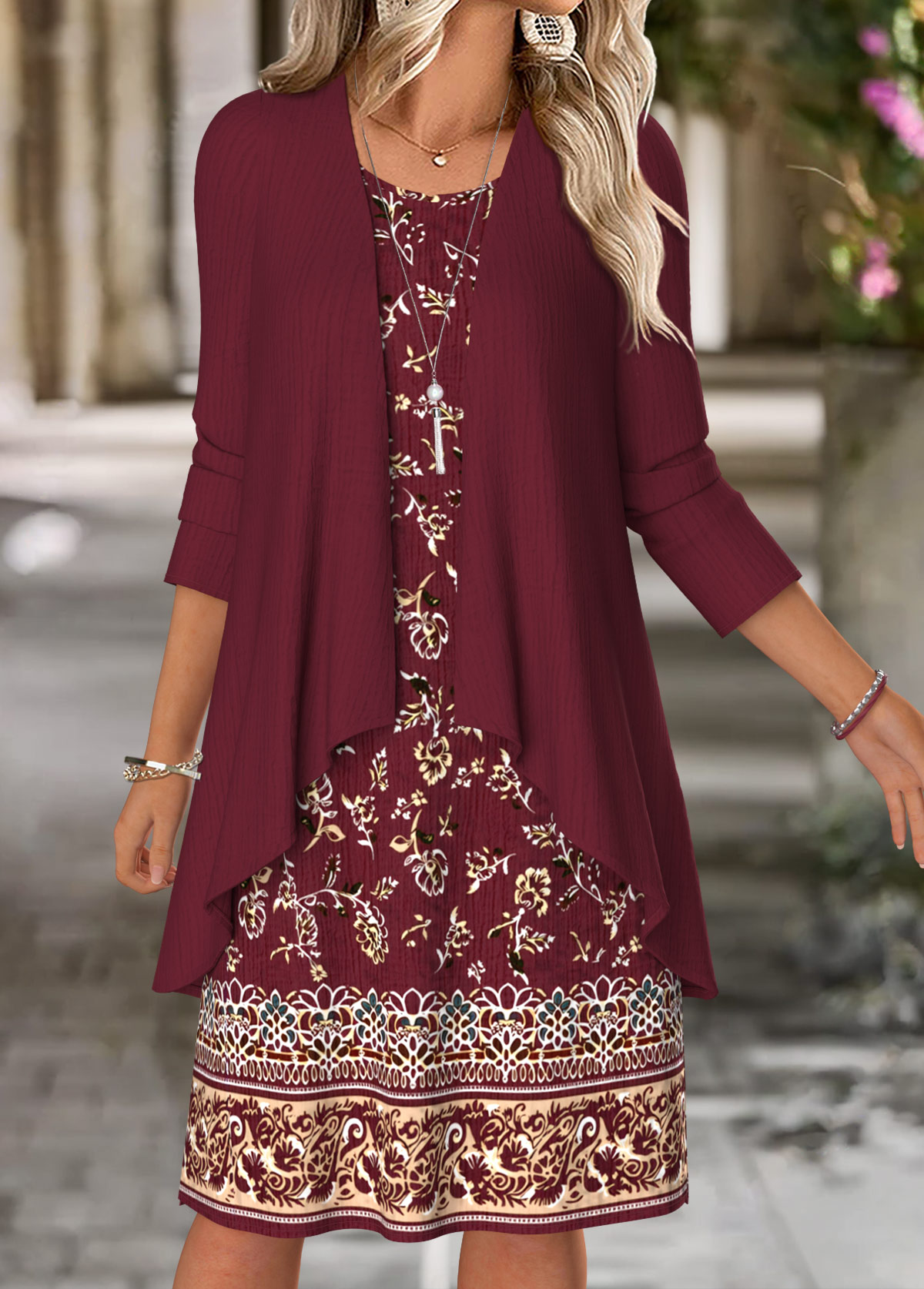 Wine Red Tummy Coverage Floral Print Dress and Cardigan | picture 