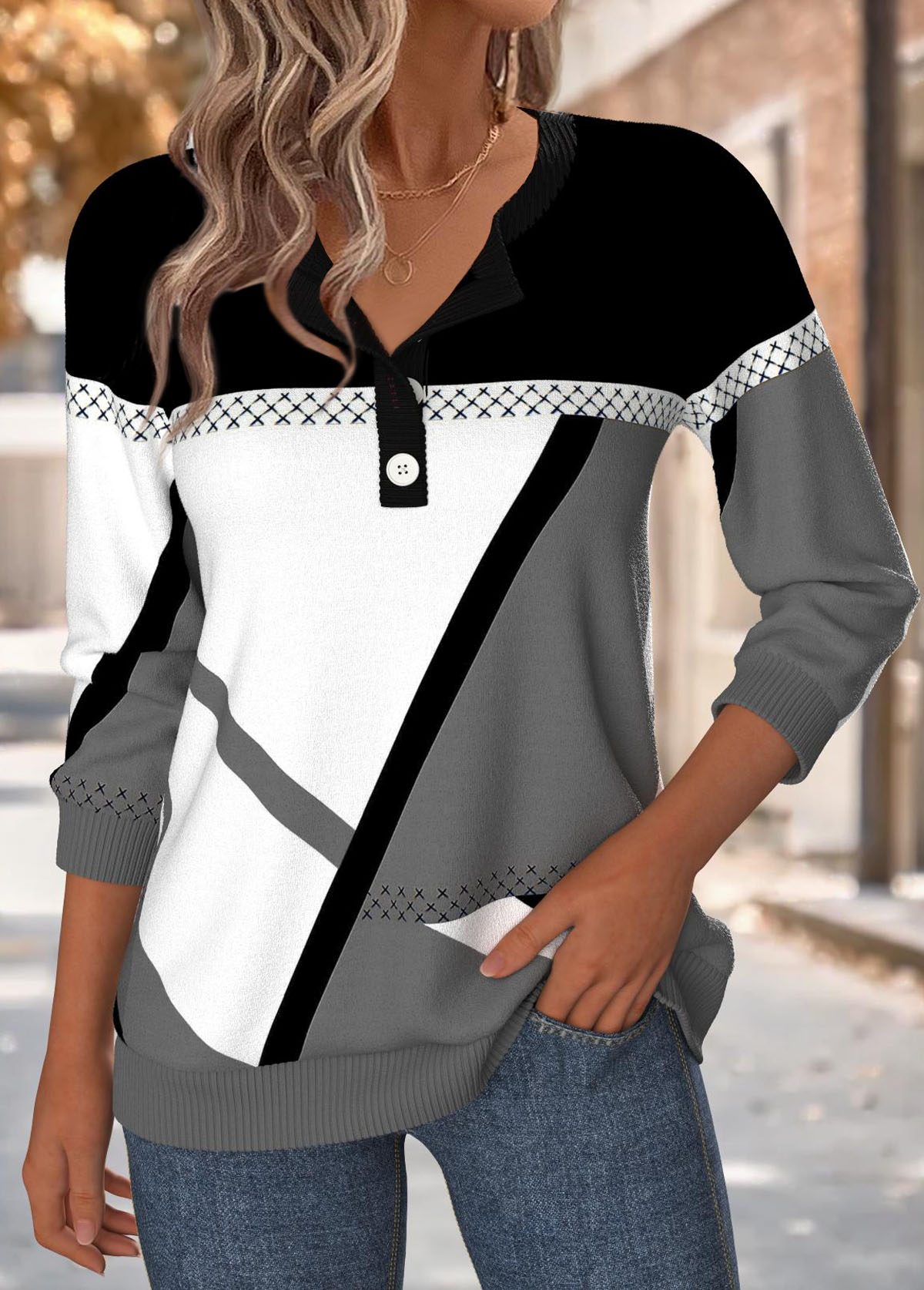 Multi Color Tummy Coverage Geometric Print Long Sleeve Sweatshirt | picture 