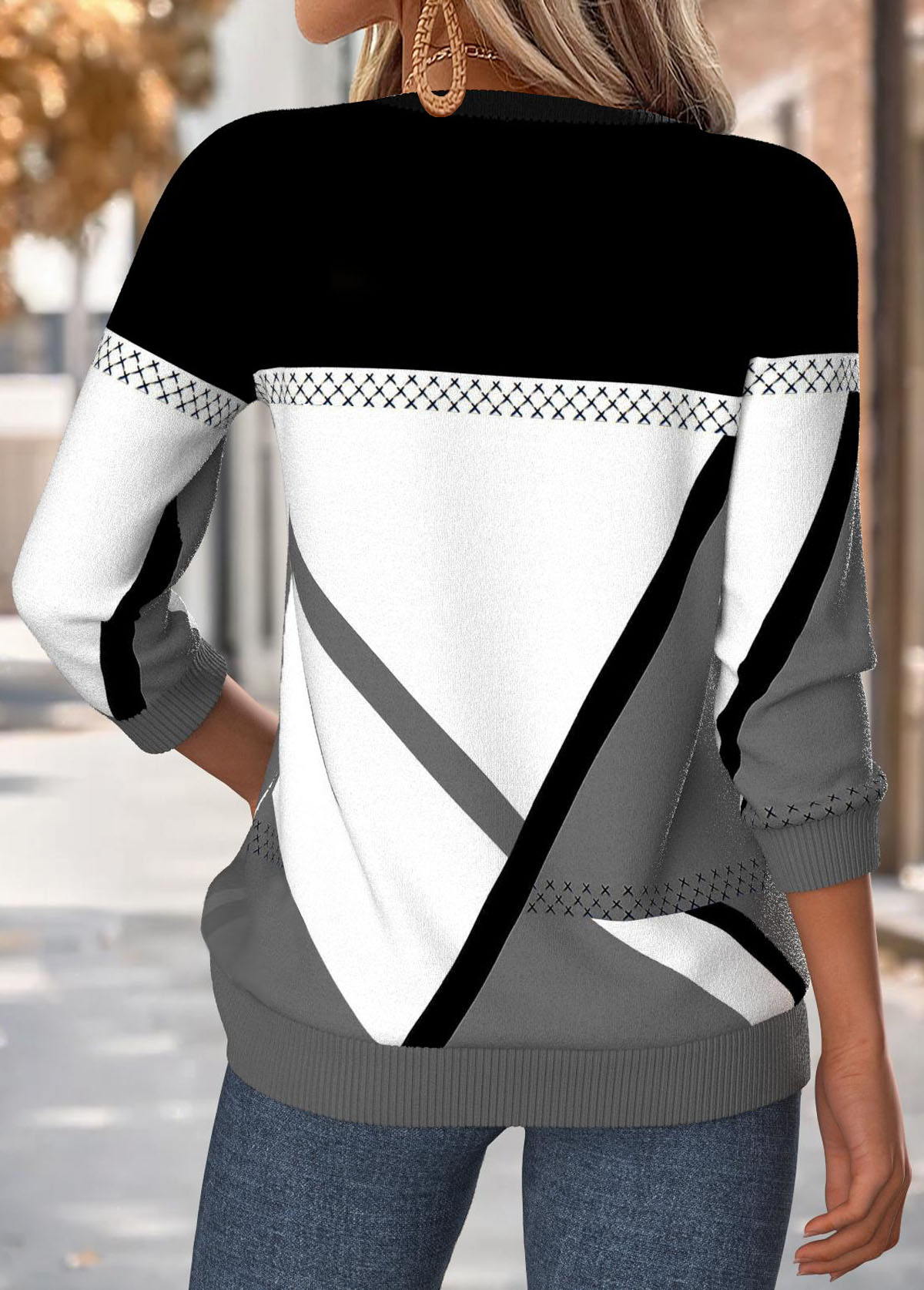 Multi Color Tummy Coverage Geometric Print Long Sleeve Sweatshirt | picture 