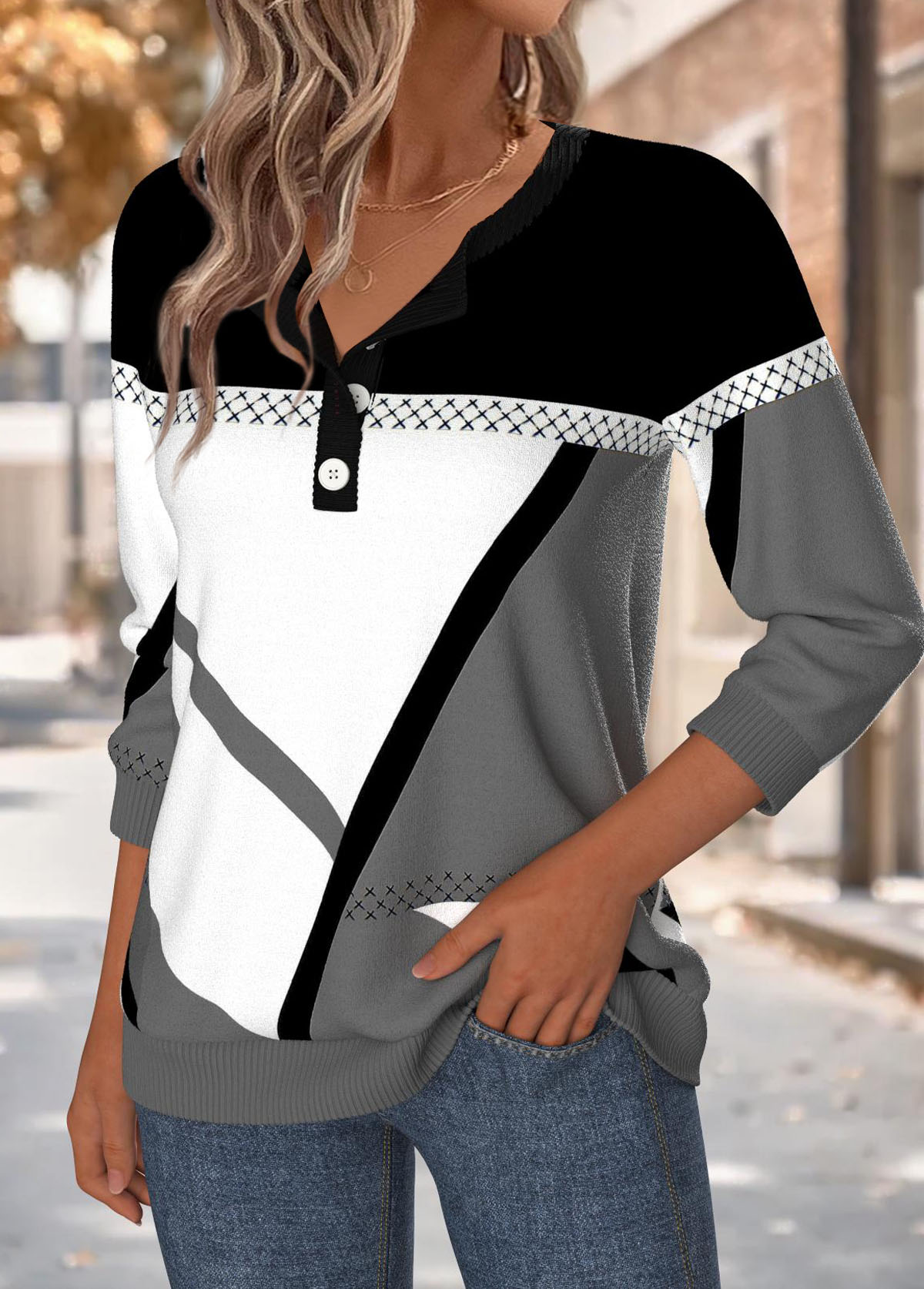 Multi Color Tummy Coverage Geometric Print Long Sleeve Sweatshirt | picture 