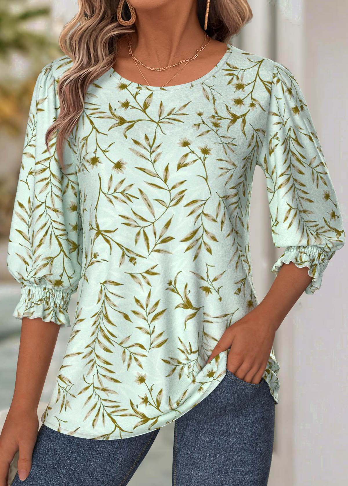 Light Green Tummy Coverage Leaf Print 3/4 Sleeve Blouse | picture 