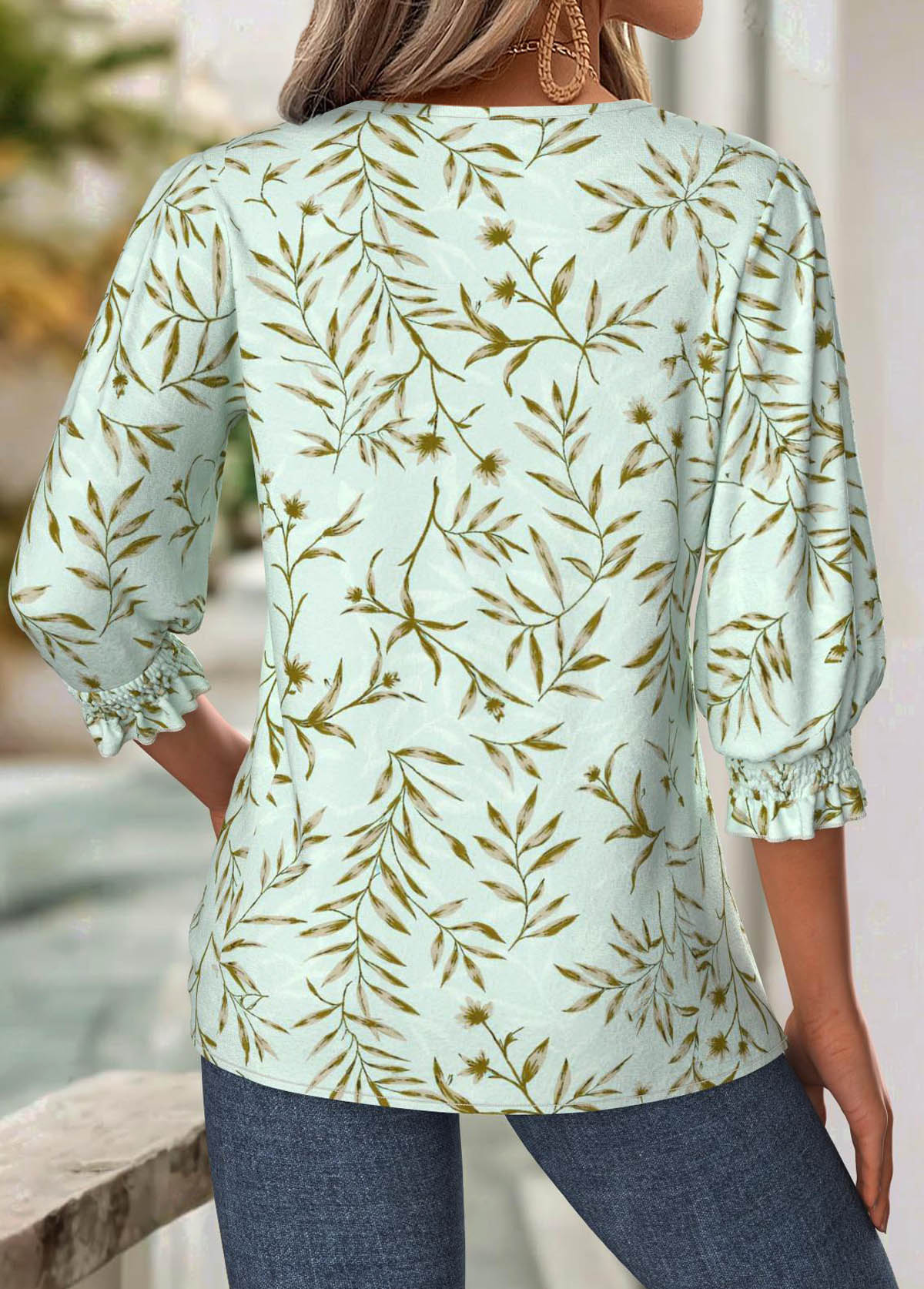 Light Green Tummy Coverage Leaf Print 3/4 Sleeve Blouse | picture 