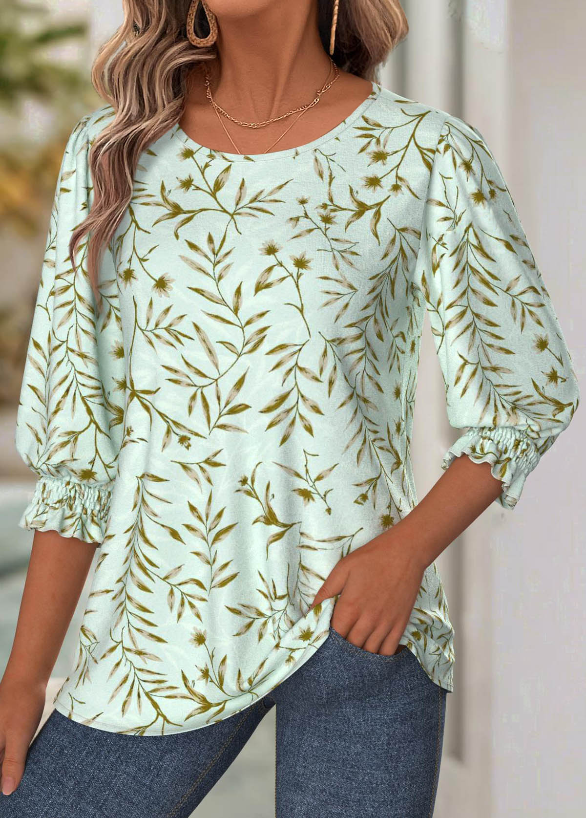 Light Green Tummy Coverage Leaf Print 3/4 Sleeve Blouse | picture 