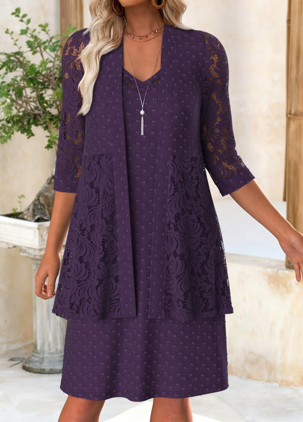 Purple Tummy Coverage Long Sleeve Dress and Cardigan | picture 