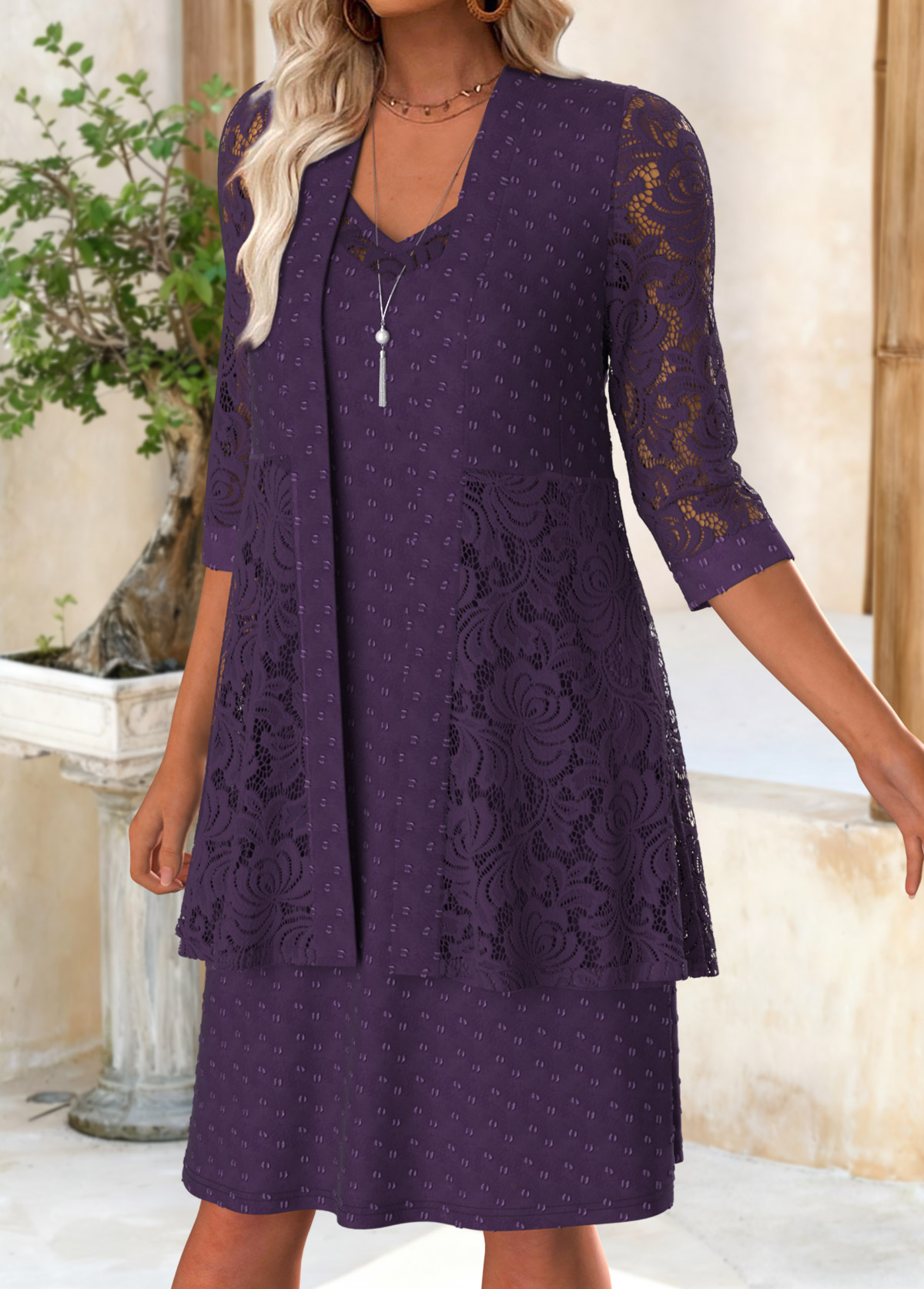 Purple Tummy Coverage Long Sleeve Dress and Cardigan | picture 
