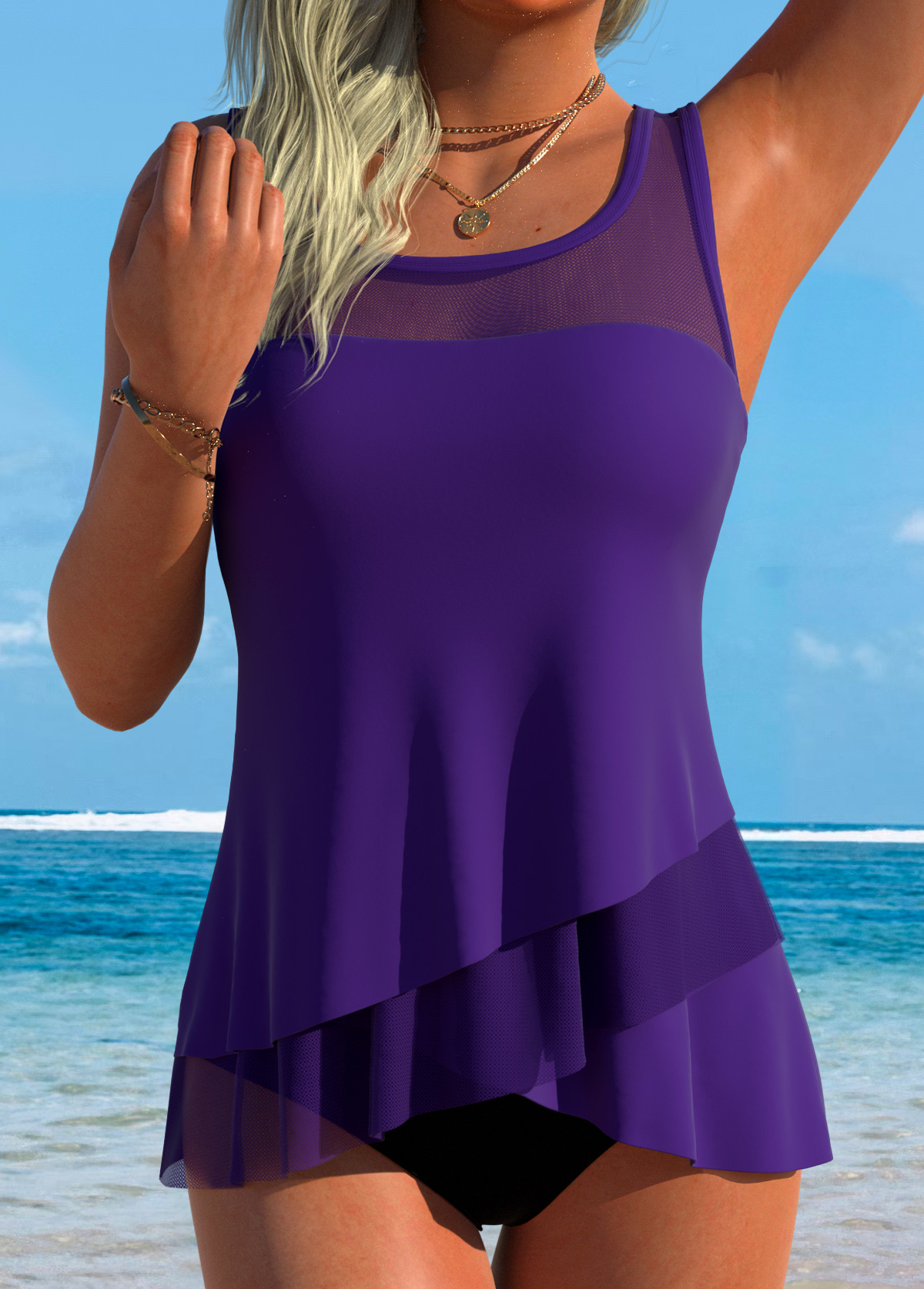 Tummy Coverage Mid Waisted Purple Tankini Set | picture 