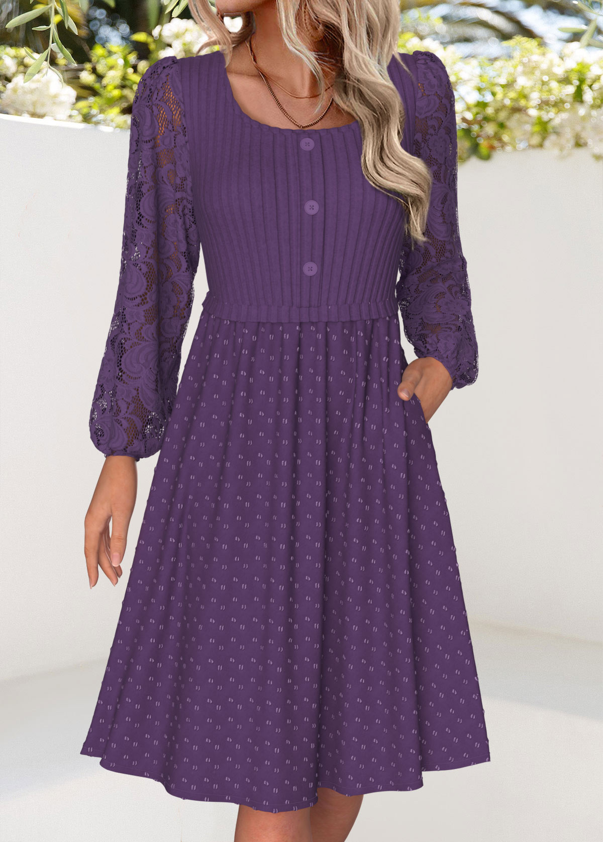 Purple Tummy Coverage Long Sleeve Square Neck Dress | picture 