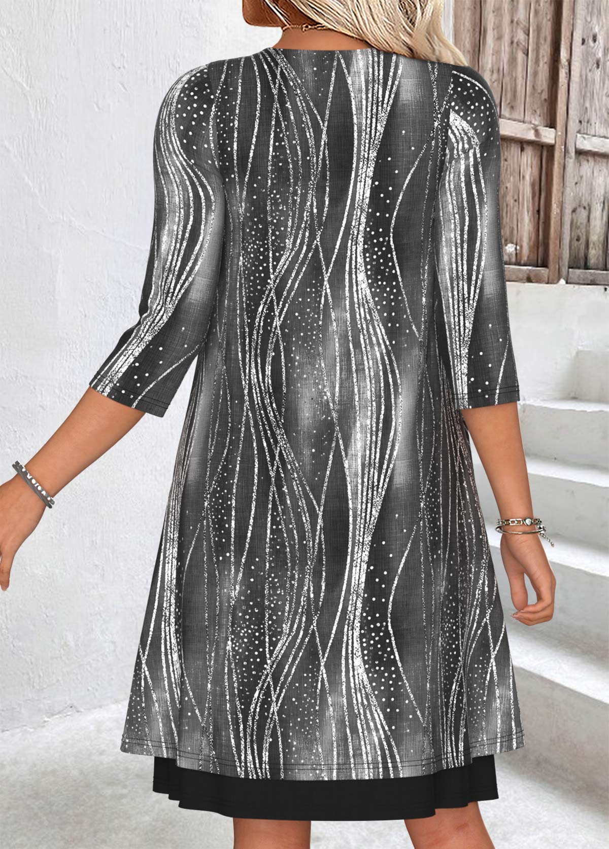 Black Tummy Coverage Geometric Print Dress and Cardigan | picture 