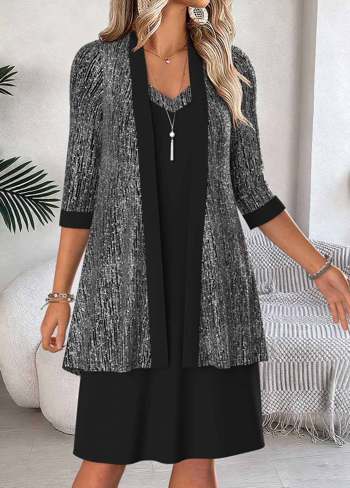 Black Tummy Coverage 3/4 Sleeve Dress and Cardigan | picture 