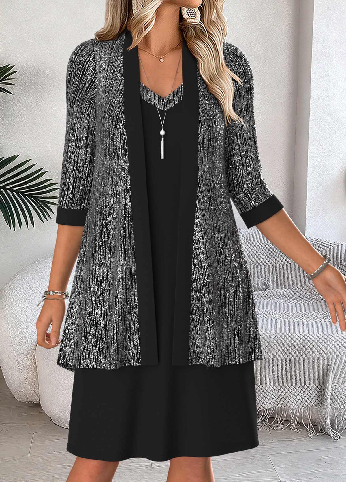 Black Tummy Coverage 3/4 Sleeve Dress and Cardigan | picture 