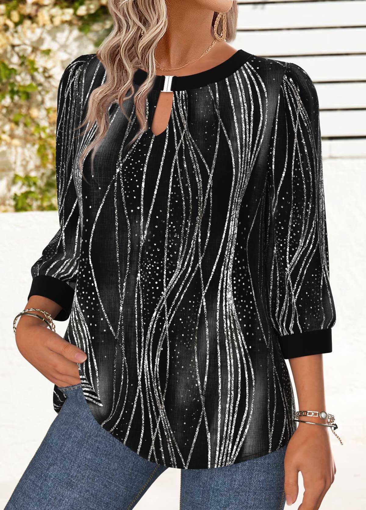 Black Tummy Coverage Ombre 3/4 Sleeve Round Neck Blouse | picture 