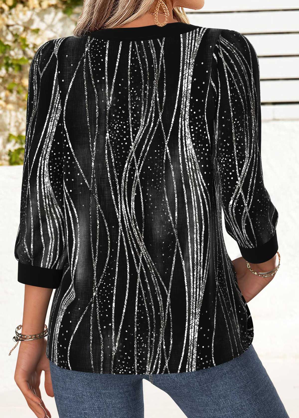 Black Tummy Coverage Ombre 3/4 Sleeve Round Neck Blouse | picture 