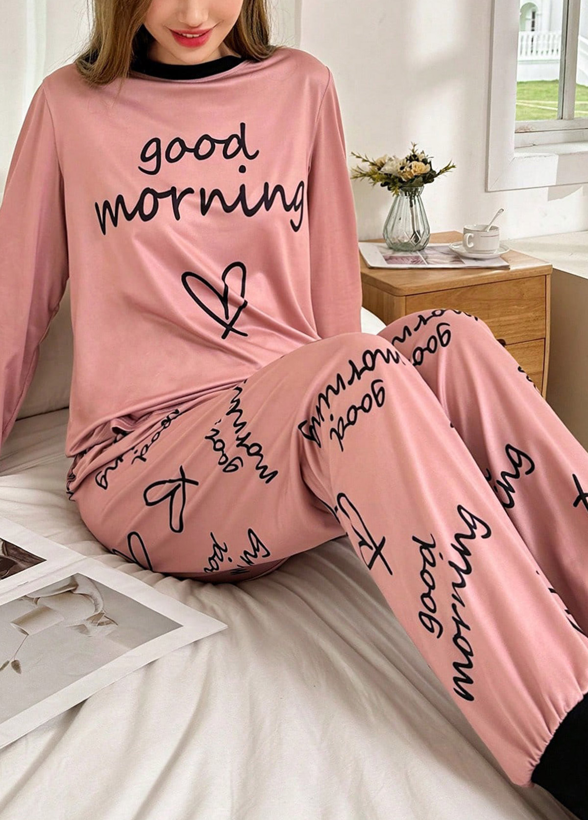 Dusty Pink Letter Print Lounge Top and Pants | picture 