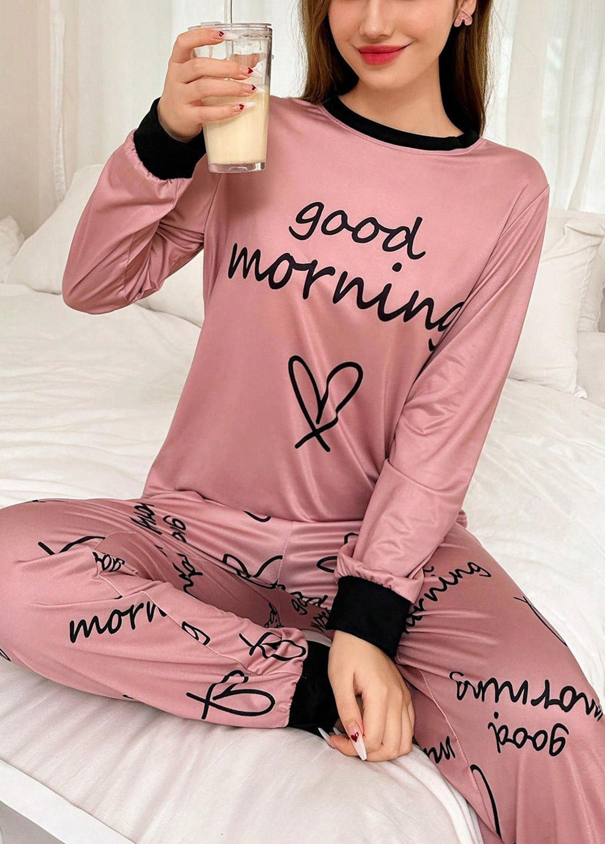 Dusty Pink Letter Print Lounge Top and Pants | picture 