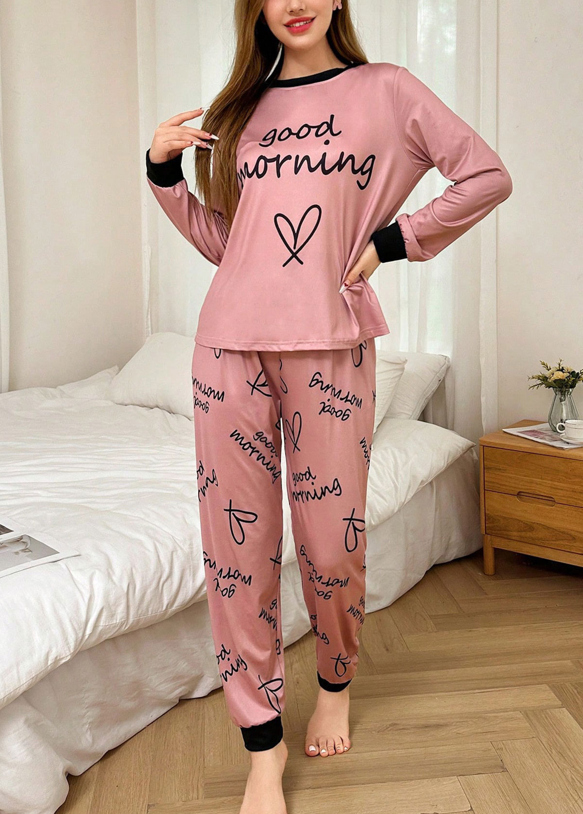 Dusty Pink Letter Print Lounge Top and Pants | picture 