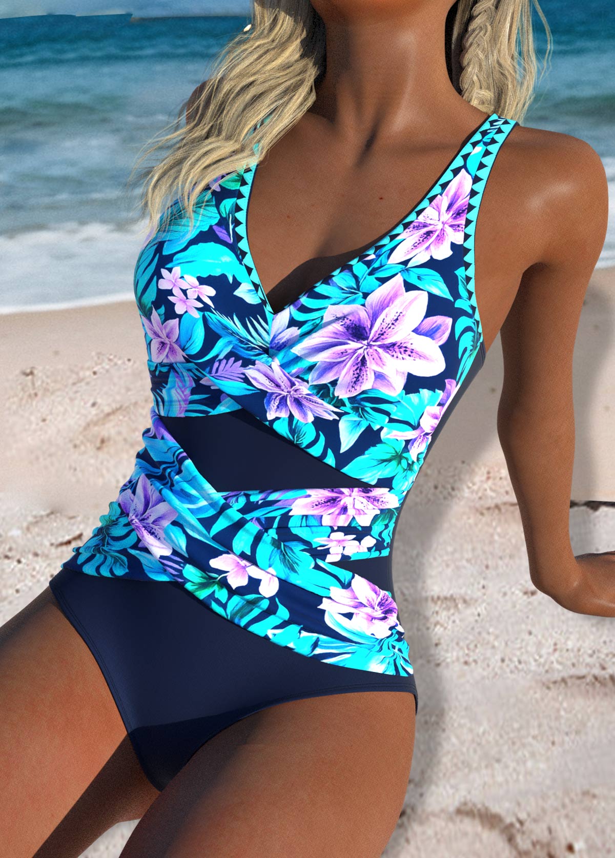 Tummy Control Tropical Plants Print Navy One Piece Swimwear | picture 