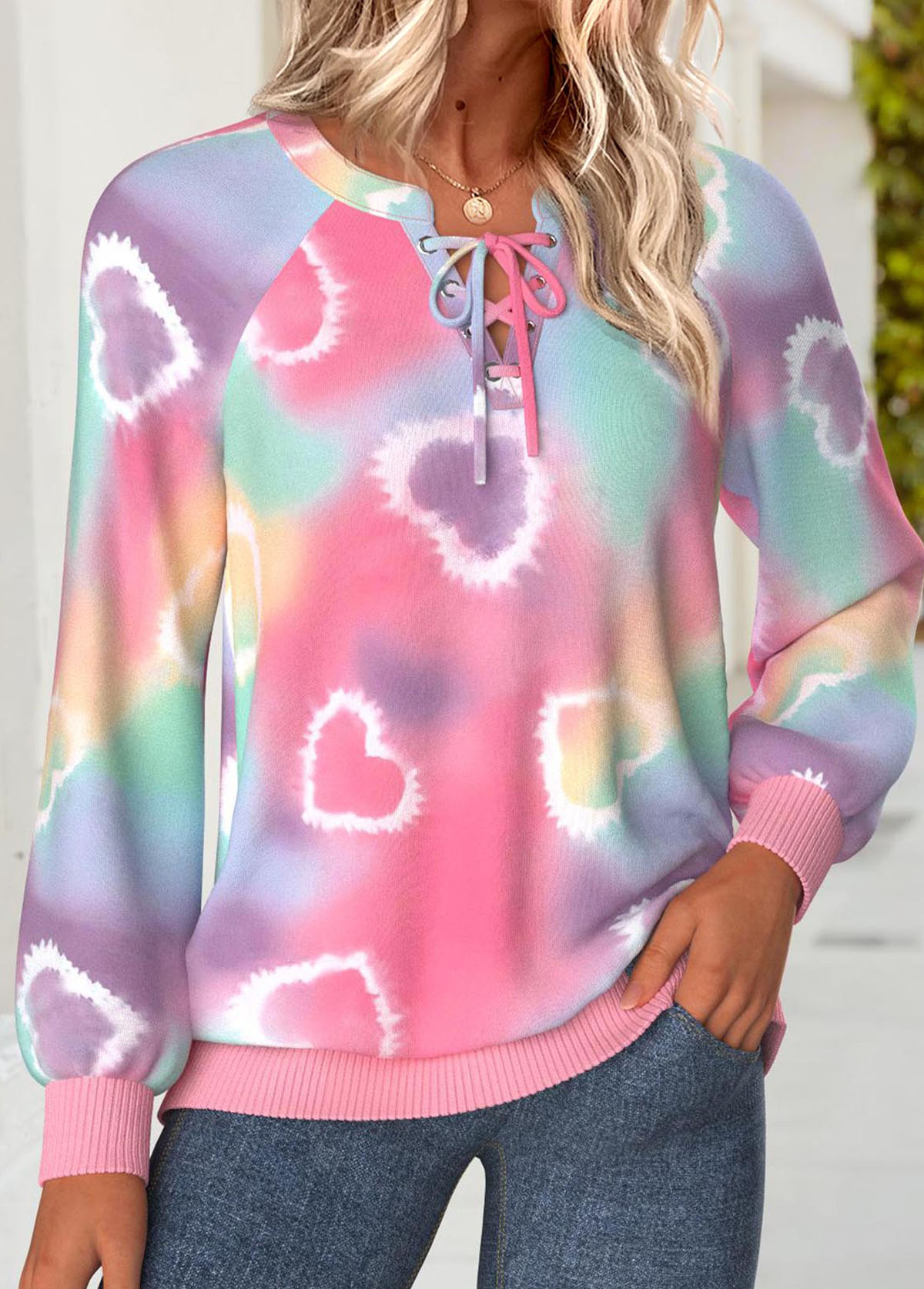 Multi Color Lace Up Tie Dye Print Sweatshirt | picture 