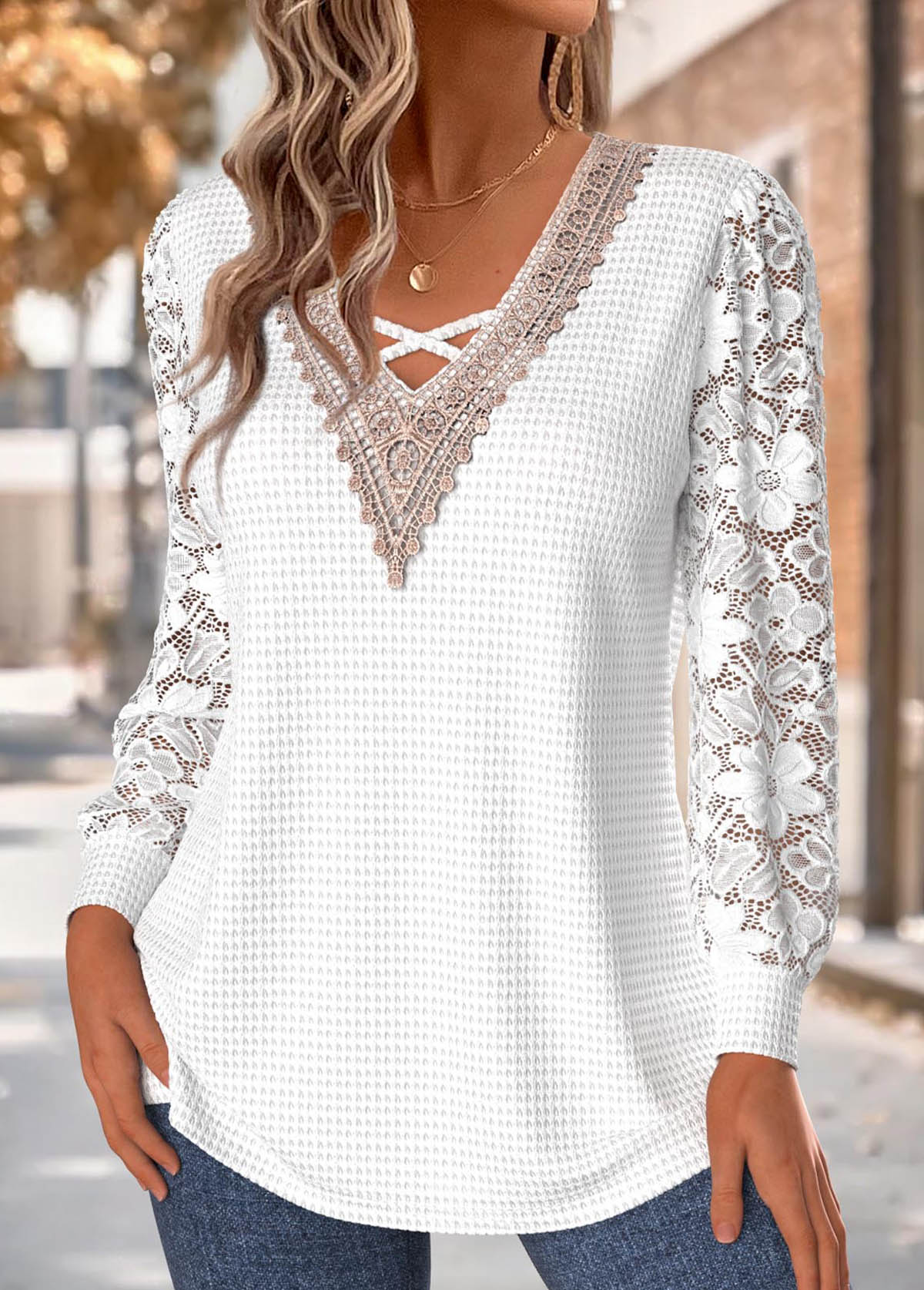 White Tummy Coverage Long Sleeve V Neck T Shirt | picture 