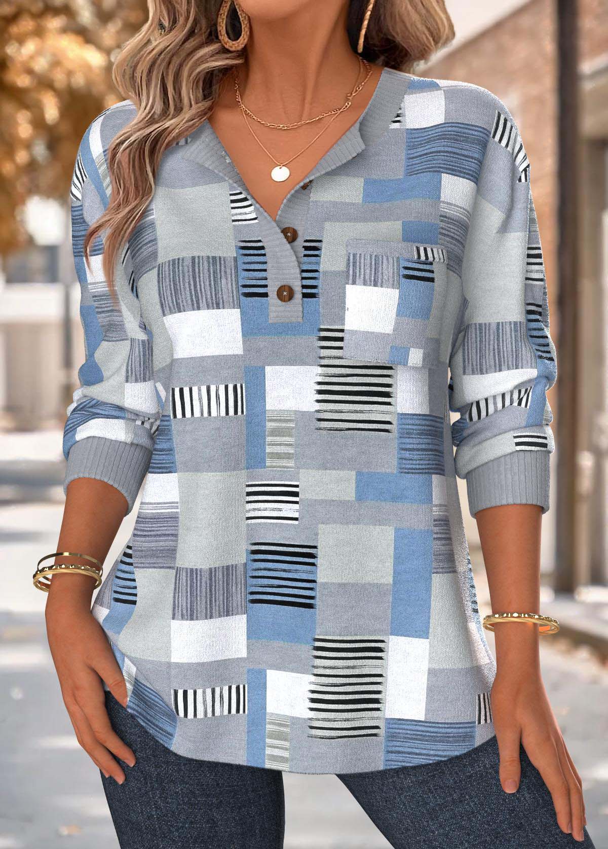 Dusty Blue Tummy Coverage Geometric Print Long Sleeve Sweatshirt | picture 