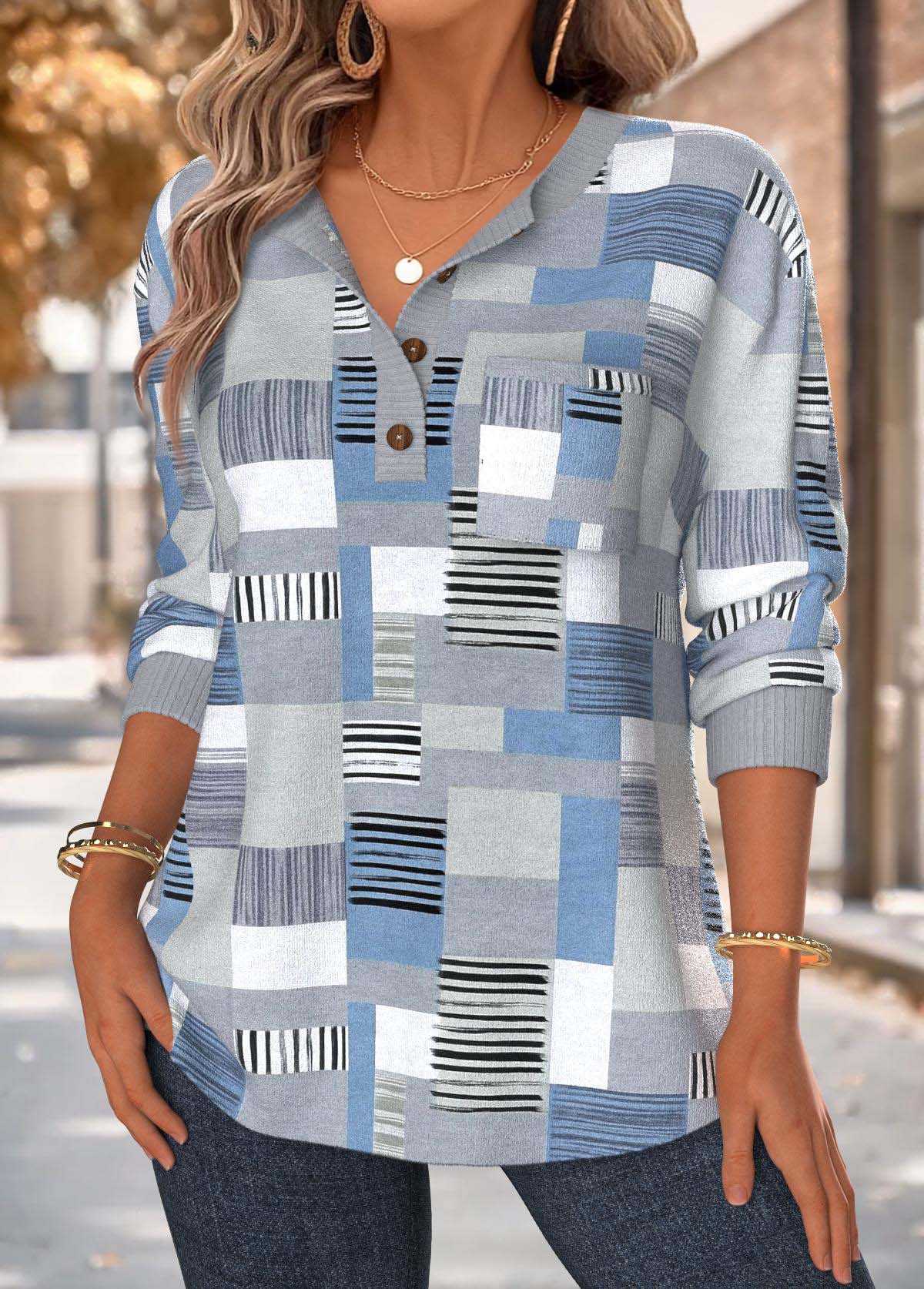 Dusty Blue Tummy Coverage Geometric Print Long Sleeve Sweatshirt | picture 