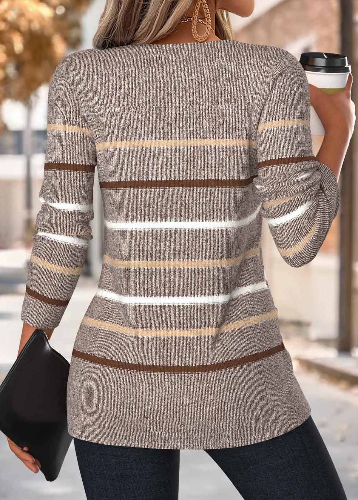 Dark Camel Tummy Coverage Multi Stripe Print T Shirt | picture 