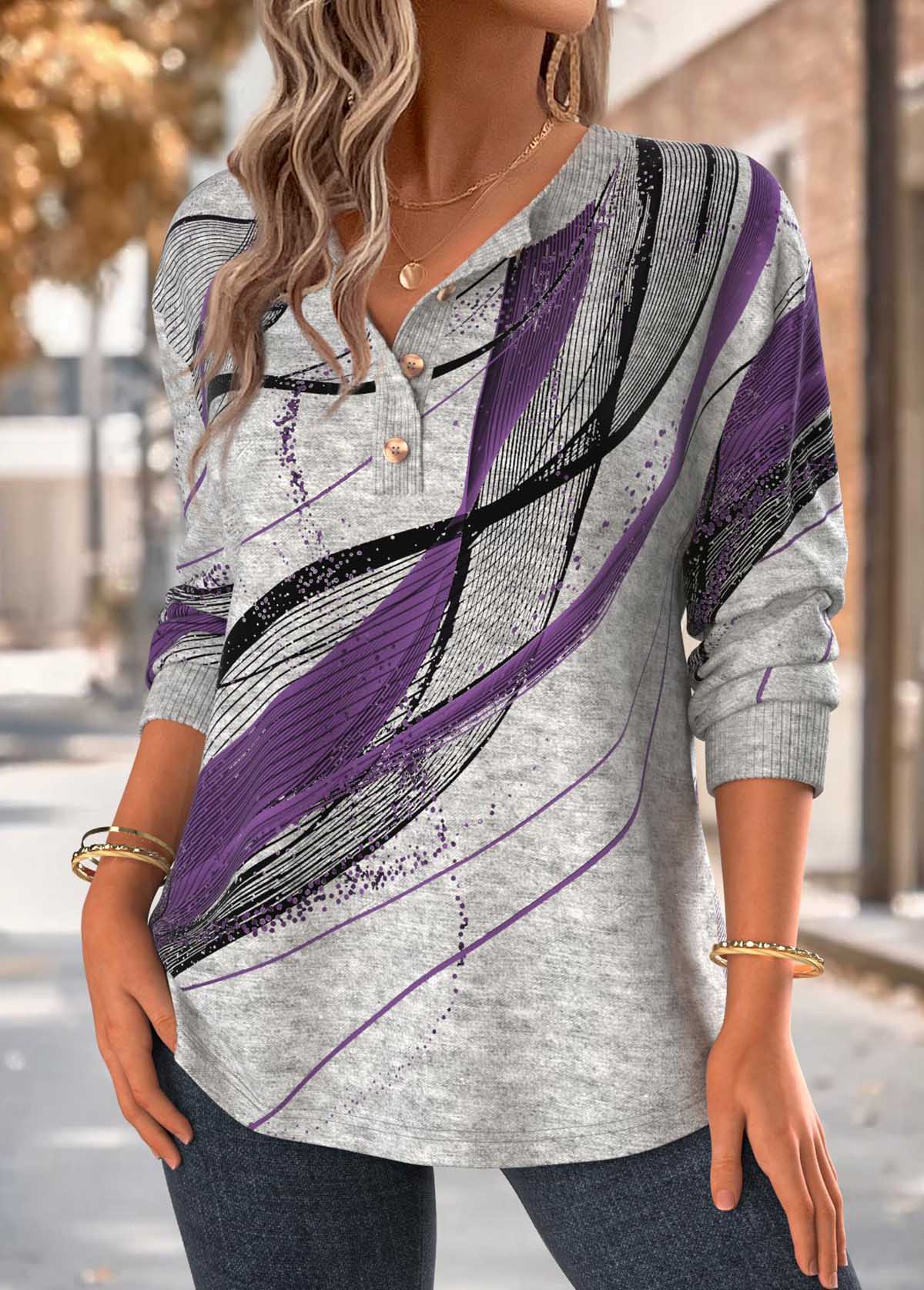Purple Tummy Coverage Geometric Print Long Sleeve Sweatshirt | picture 