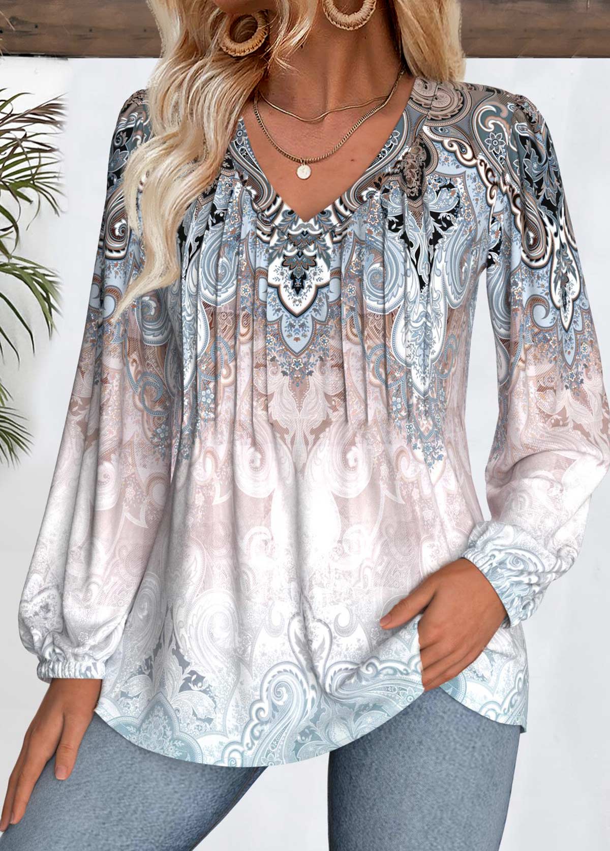 Multi Color Tummy Coverage Tribal Print Long Sleeve Blouse | picture 
