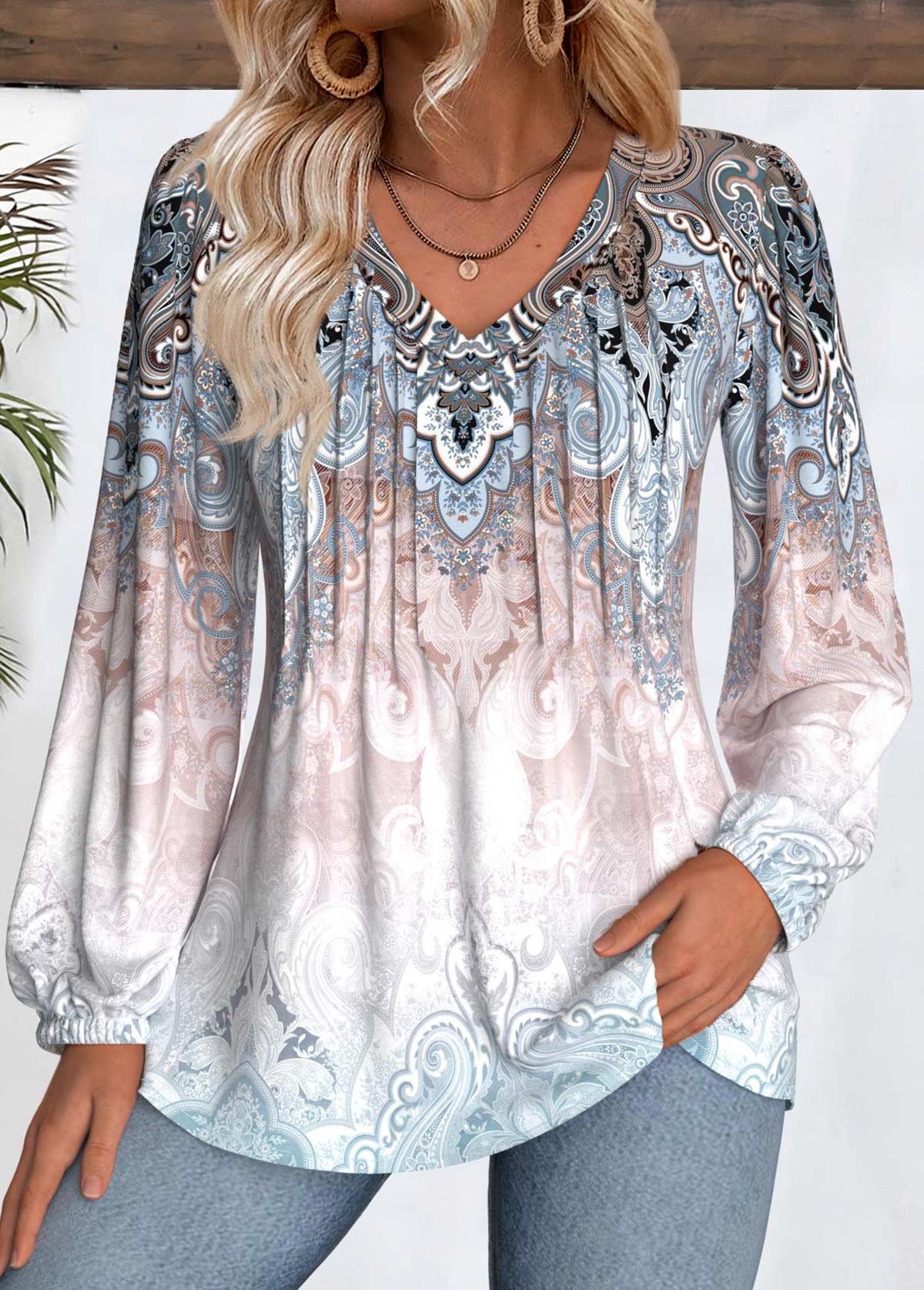 Multi Color Tummy Coverage Tribal Print Long Sleeve Blouse | picture 