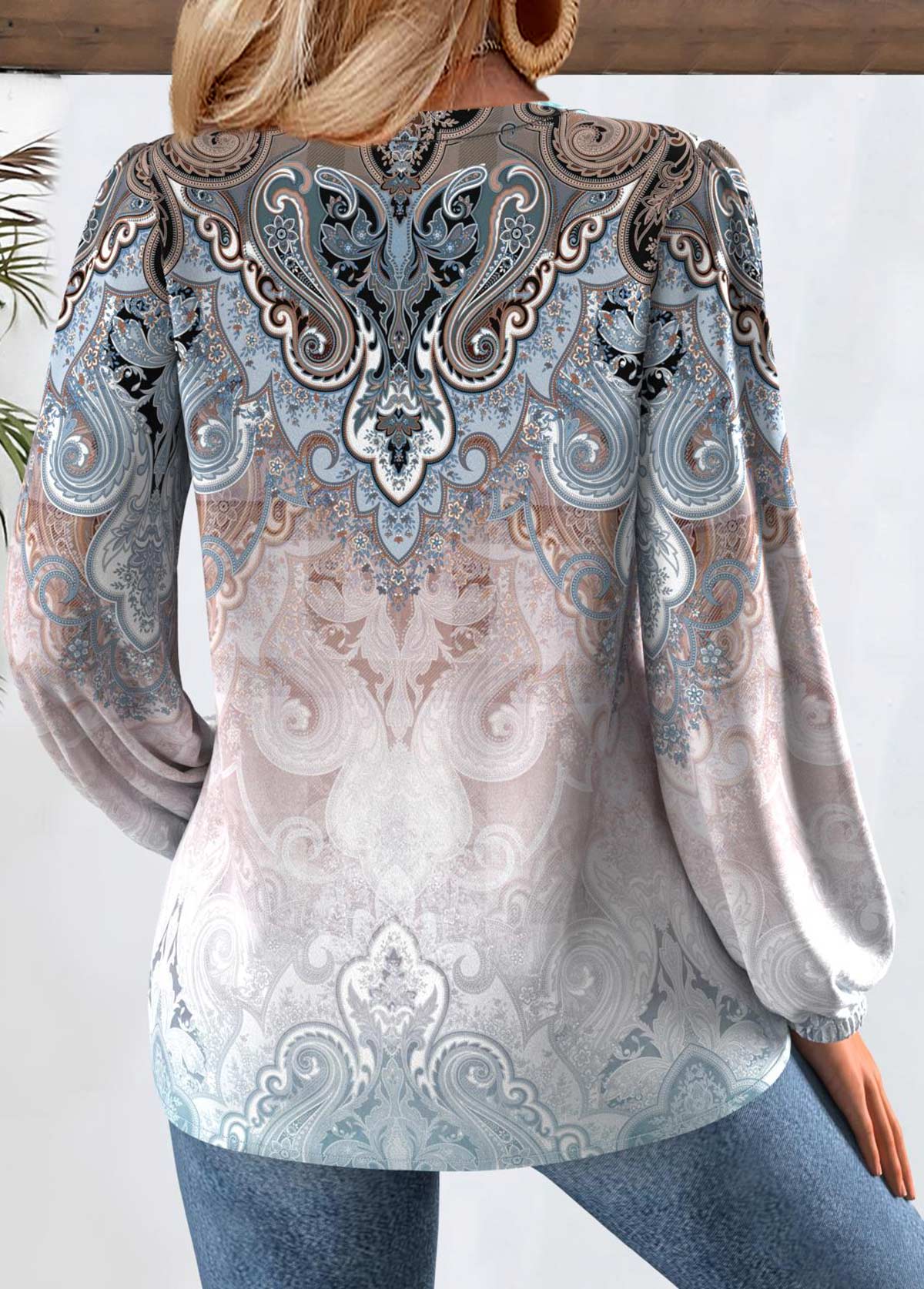 Multi Color Tummy Coverage Tribal Print Long Sleeve Blouse | picture 