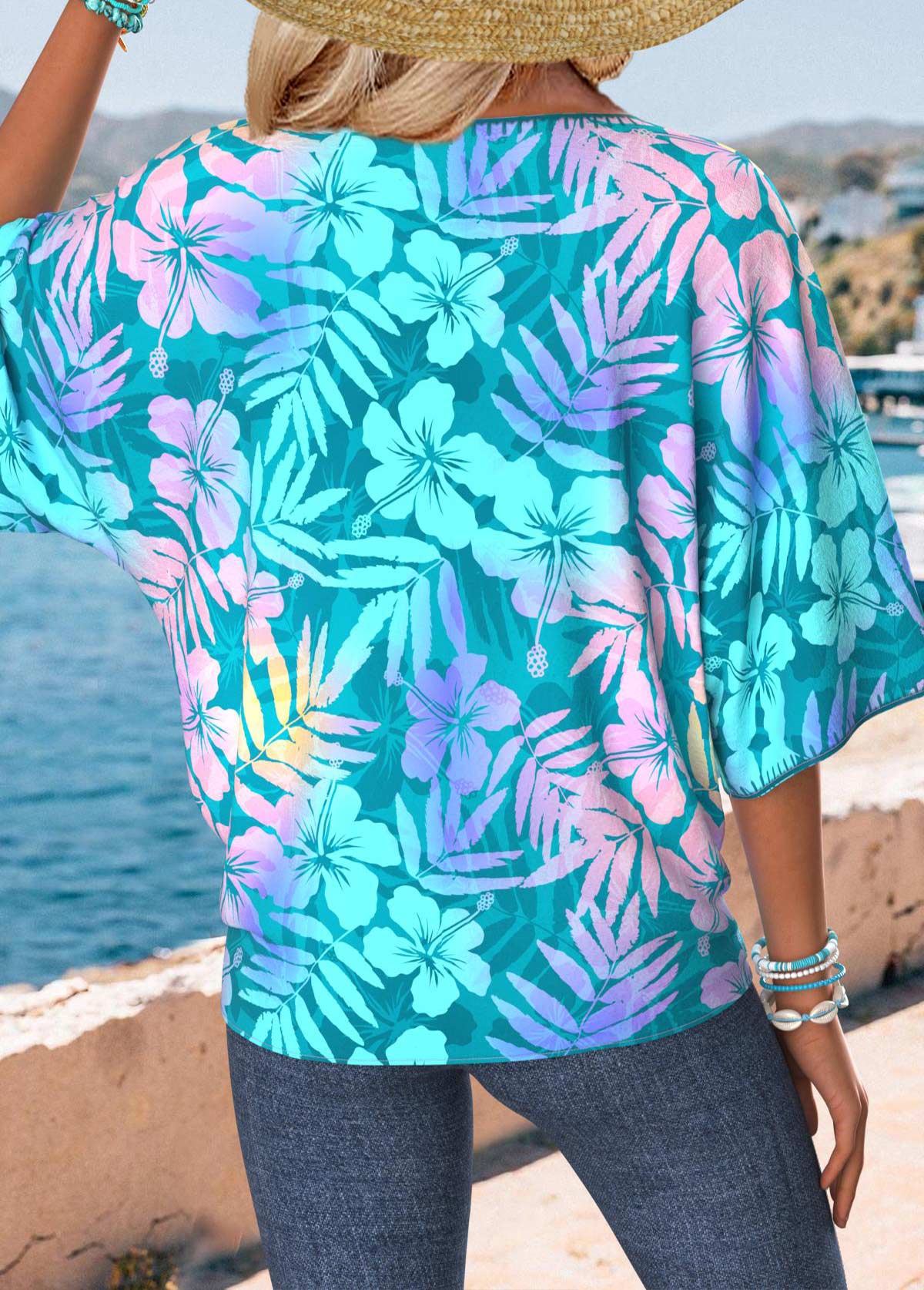 Cyan Tummy Coverage Floral Print Short Sleeve T Shirt | picture 