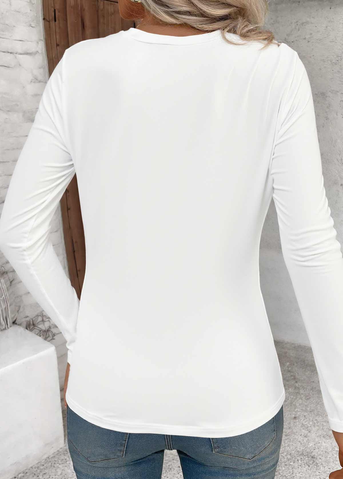 White Tuck Stitch Long Sleeve Round Neck T Shirt | picture 
