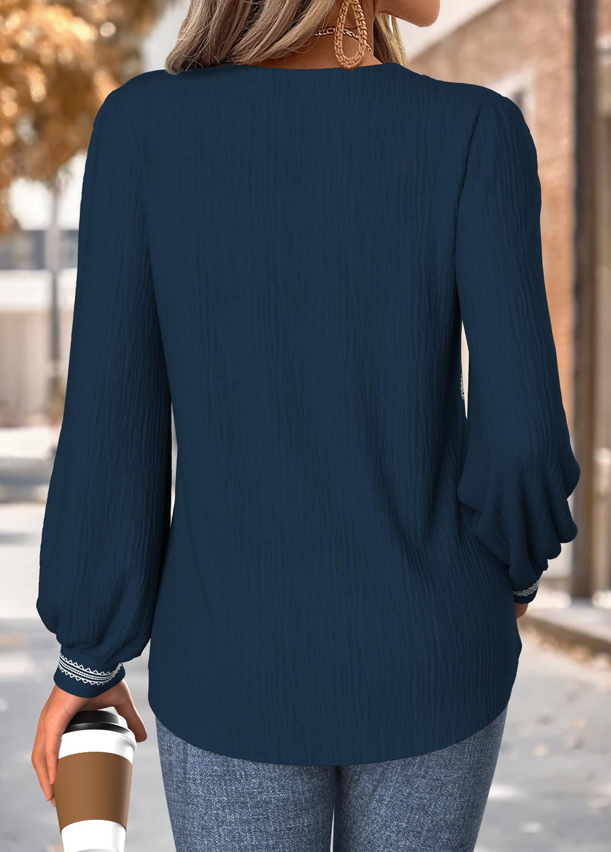 Navy Tummy Coverage Paisley Print Long Sleeve Blouse | picture 