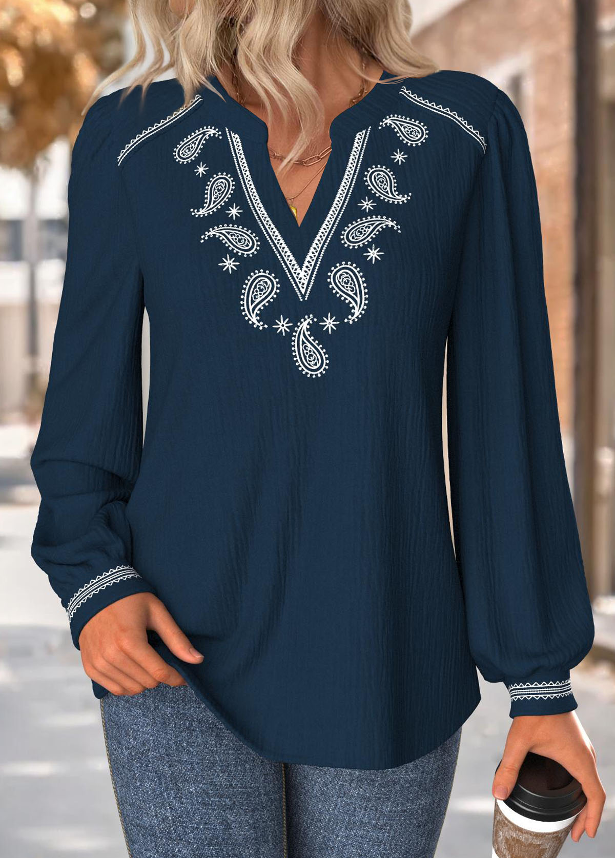 Navy Tummy Coverage Paisley Print Long Sleeve Blouse | picture 